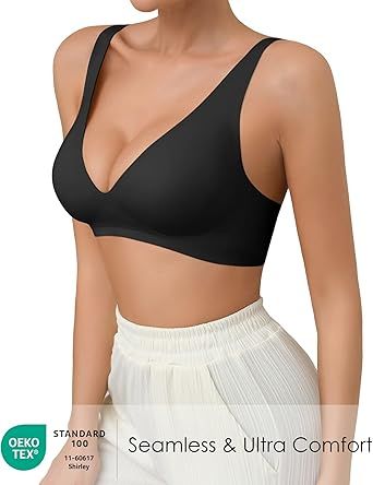 SHARICCA Pro Seamless Bra for women Deep V Neck WireFree Bra Adjustable Strap Comfort Sleep Bra Removable Padded Bralette