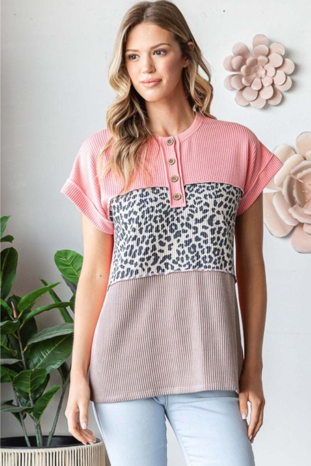 Short Sleeve Animal Color Block Top