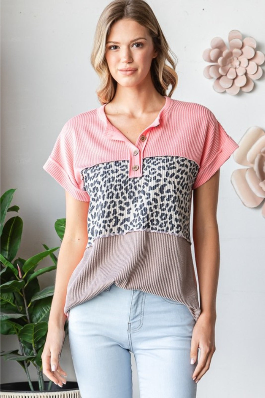Short Sleeve Animal Color Block Top