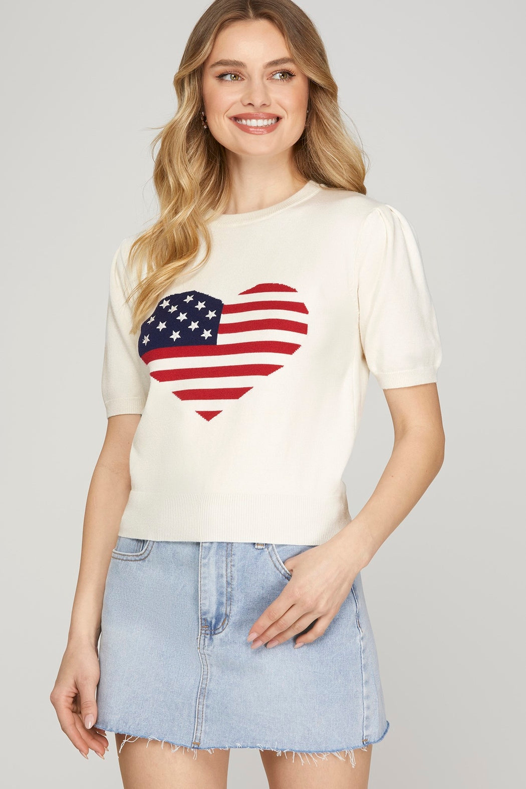 SHORT SLEEVE HEART AMERICAN FLAG SWEATER TOP