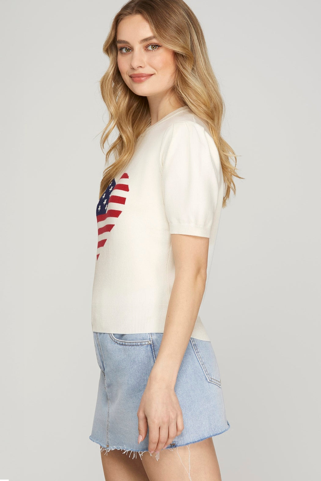 SHORT SLEEVE HEART AMERICAN FLAG SWEATER TOP