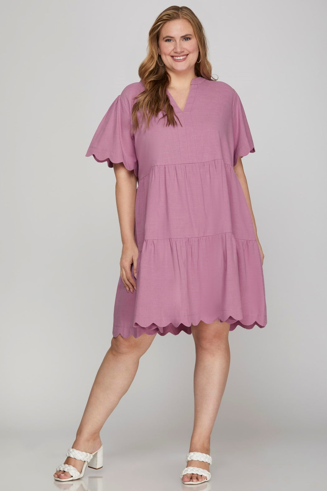 Short Sleeve Scallop Hem Mini Dress
