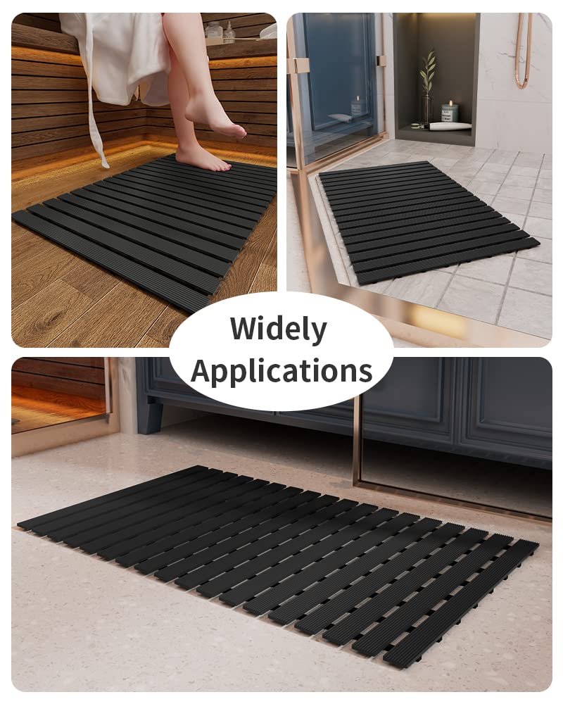 Shower-Mat Non Slip, PADOOR Heavy Duty Bathtub-Mat Curlable Quick Drain Sturdy Bath Tub Mat Without Suction Cups for Indoor Outdoor Use 17x26 Inch Black