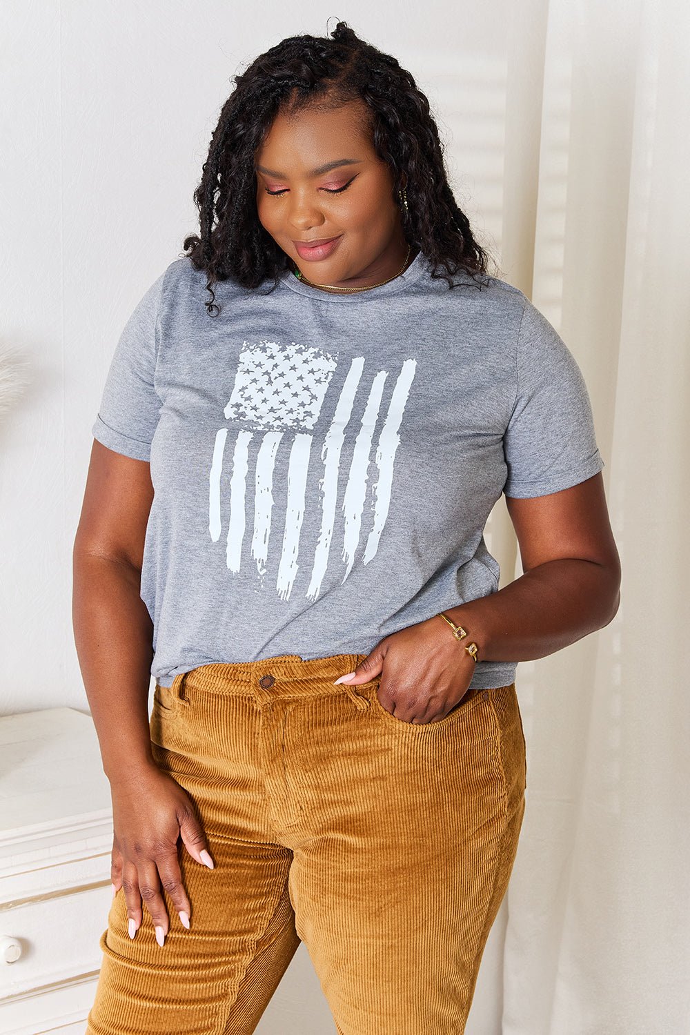 Simply Love US Flag Graphic Cuffed Sleeve T-Shirt for Women's Size S - XL Excellent design