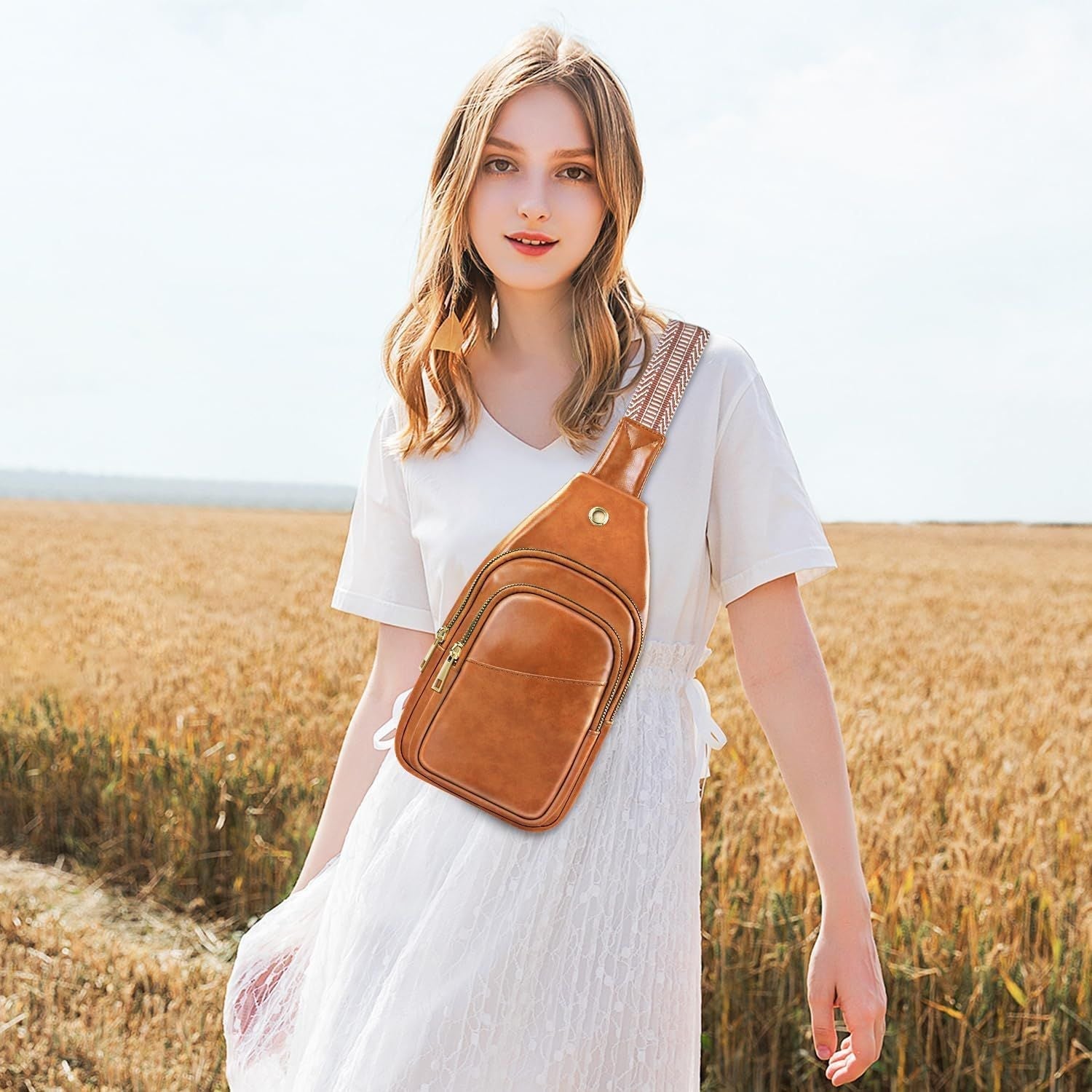 Sling Bag For Women, Leather Fanny Pack With Detachable Strap, Crossbody Chest Bag With Anti Theft For Travel(Black And Brown)