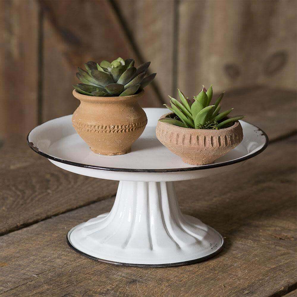 Small White Vintage Pedestal Cake Stand with Black Trim
