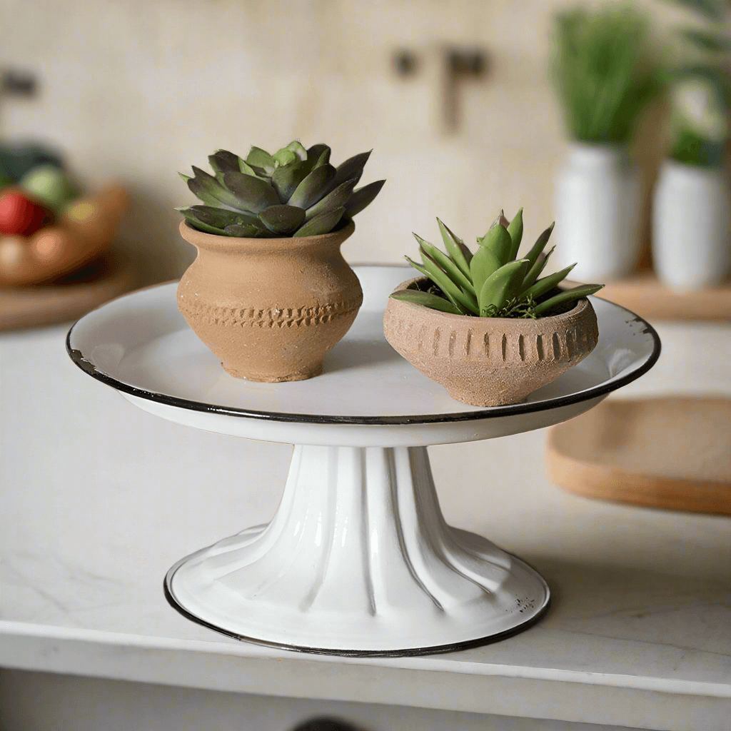 Small White Vintage Pedestal Cake Stand with Black Trim