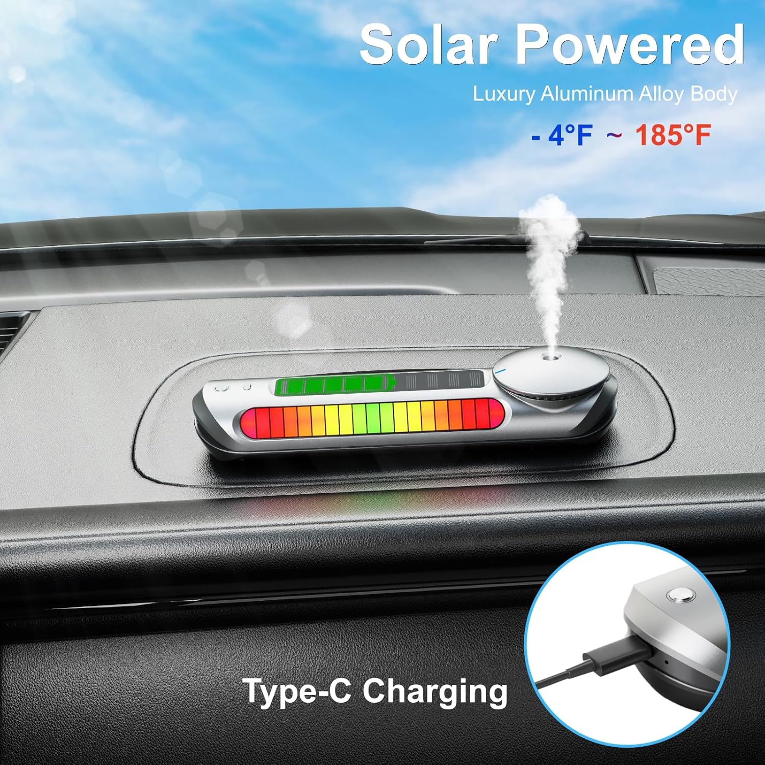 Smart Car Air Freshener Solar Car Diffuser with Auto On/Off, Aluminum Alloy Body, 3 Adjustable Modes, Built-in Battery, Solar or typeC Charing, Ambient Light, Oil Diffuser for Car Black