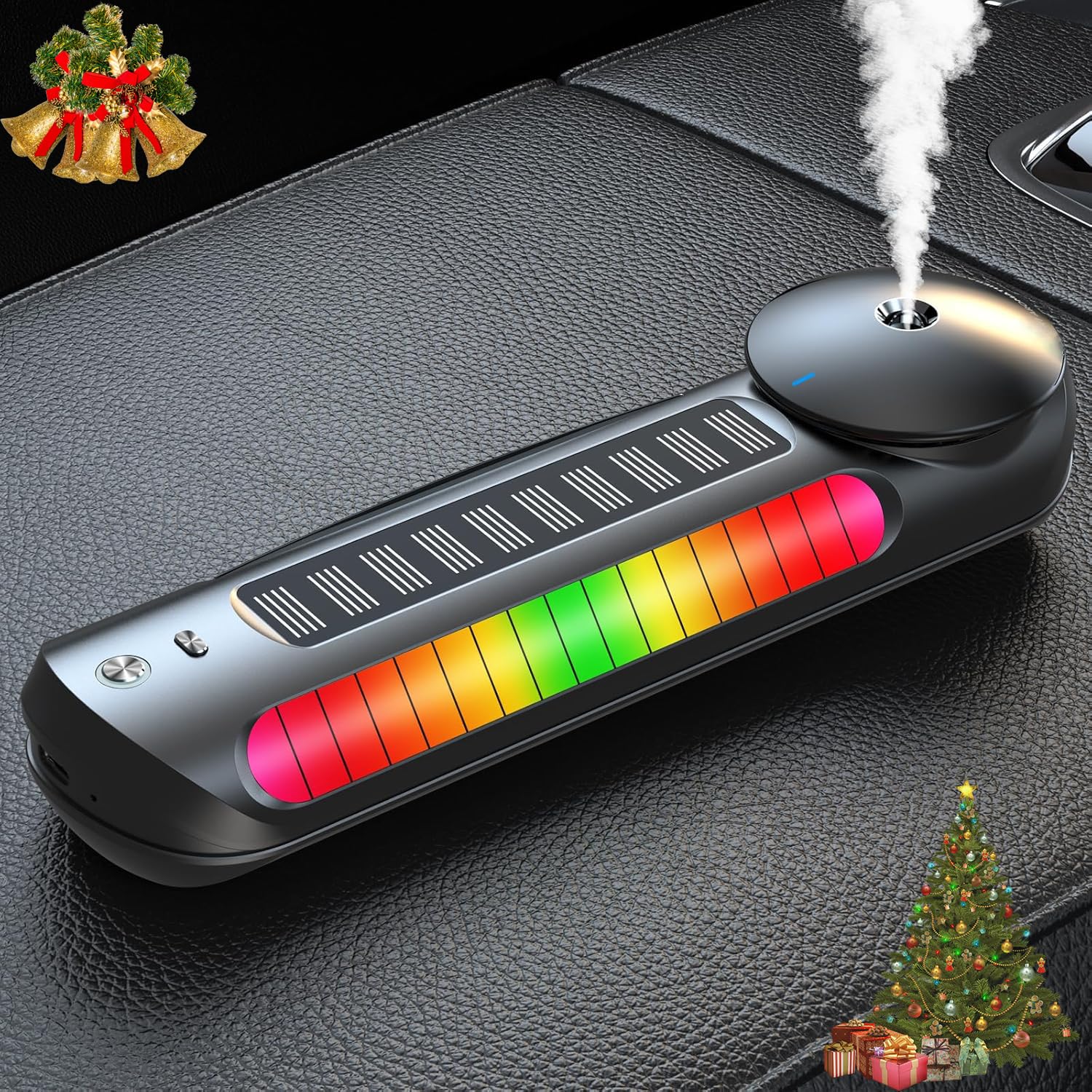 Smart Car Air Freshener with Solar, Car Diffuser with Auto On/Off, Aluminum Alloy Body, 3 Adjustable Concentration, Built-in Battery, Ambient Light, Best Essential Oil Diffuser for Car Black