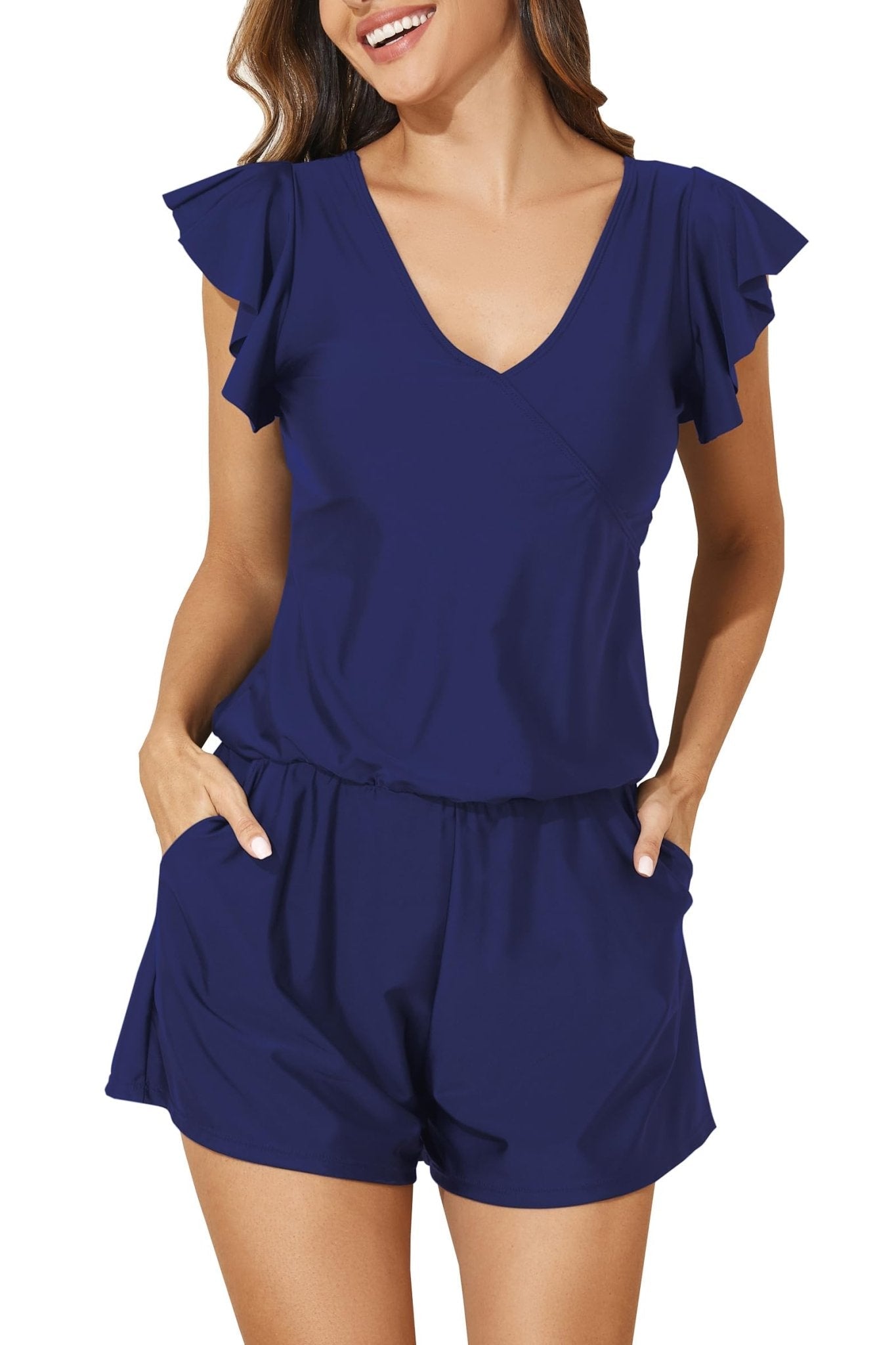 Smismivo Swim Romper with Built in Bra and Pockets Swim Dress Modest One Piece Swimsuit Full Coverage Bathing Suit