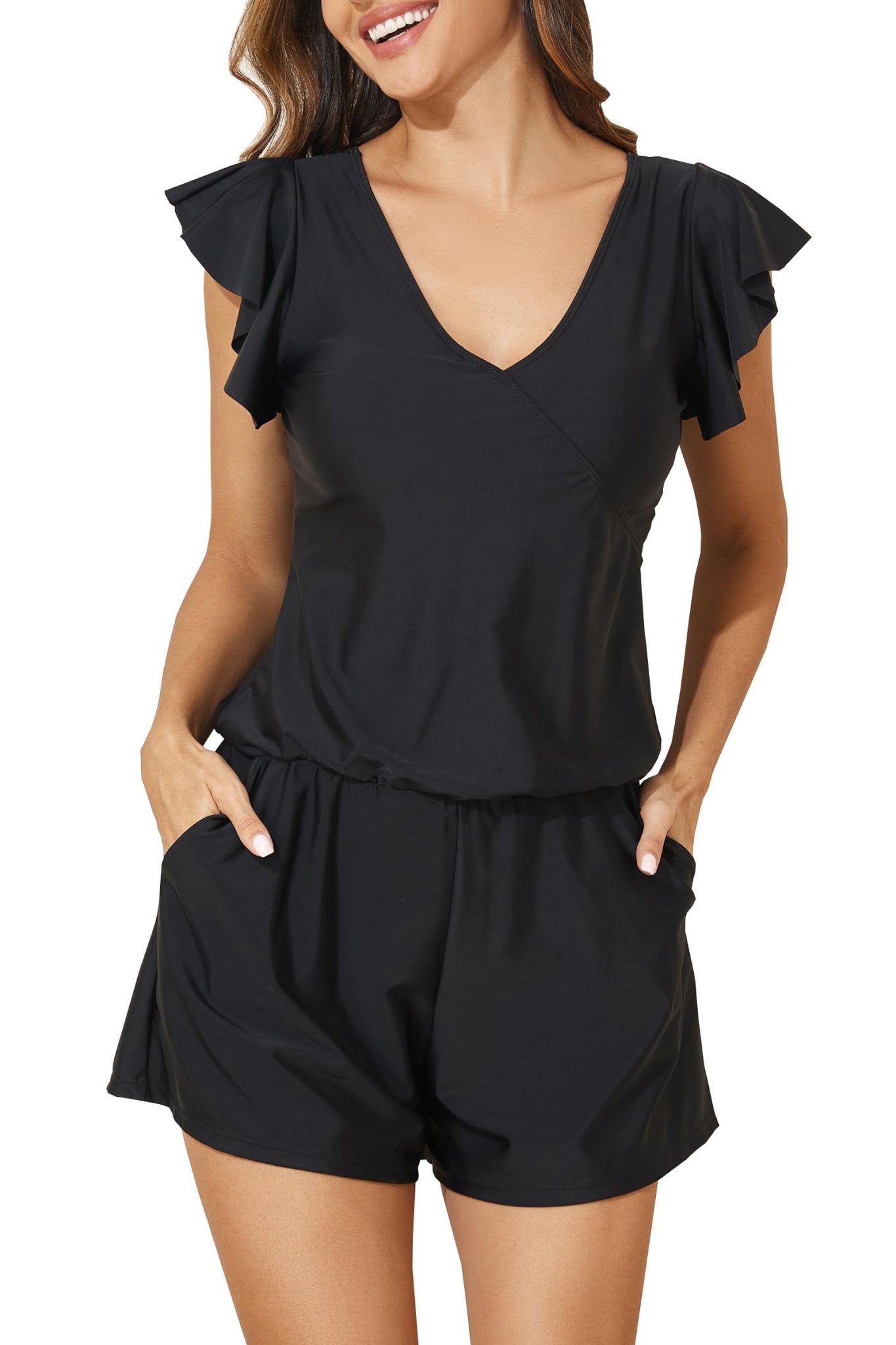 Smismivo Swim Romper with Built in Bra and Pockets Swim Dress Modest One Piece Swimsuit Full Coverage Bathing Suit