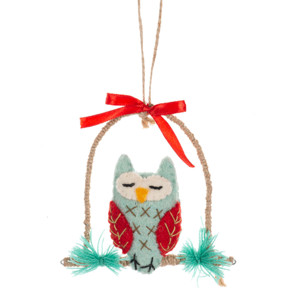 Felted Wool Stitched Cottage Owl Ornaments Set of 3