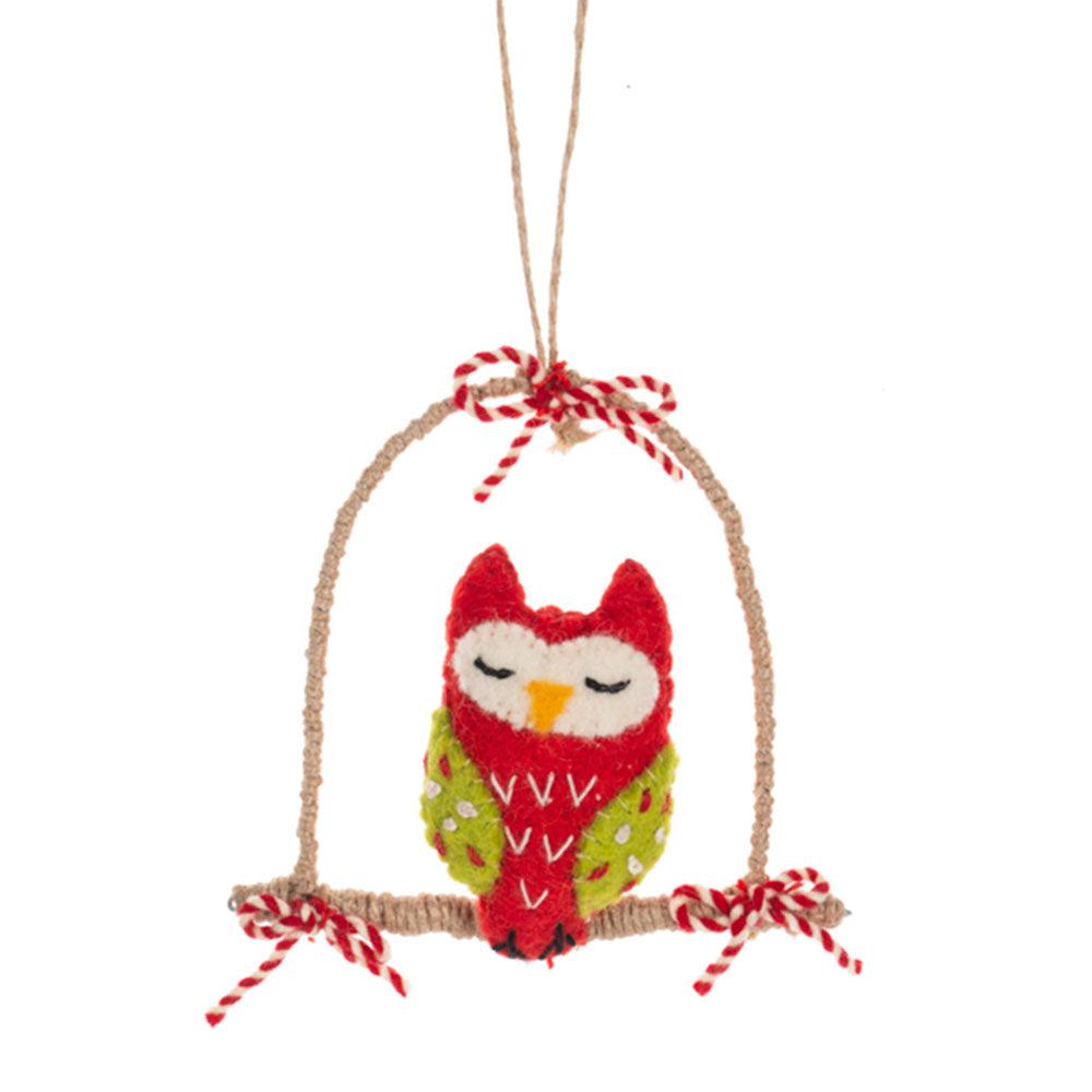 Felted Wool Stitched Cottage Owl Ornaments Set of 3