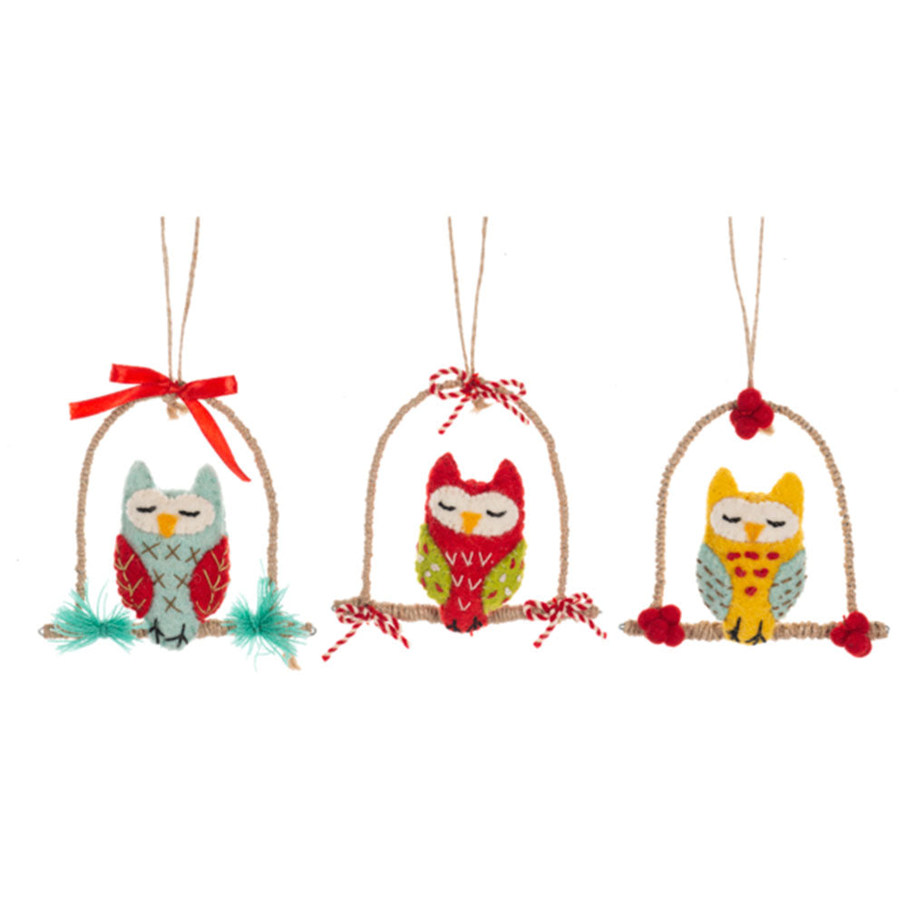 Felted Wool Stitched Cottage Owl Ornaments Set of 3