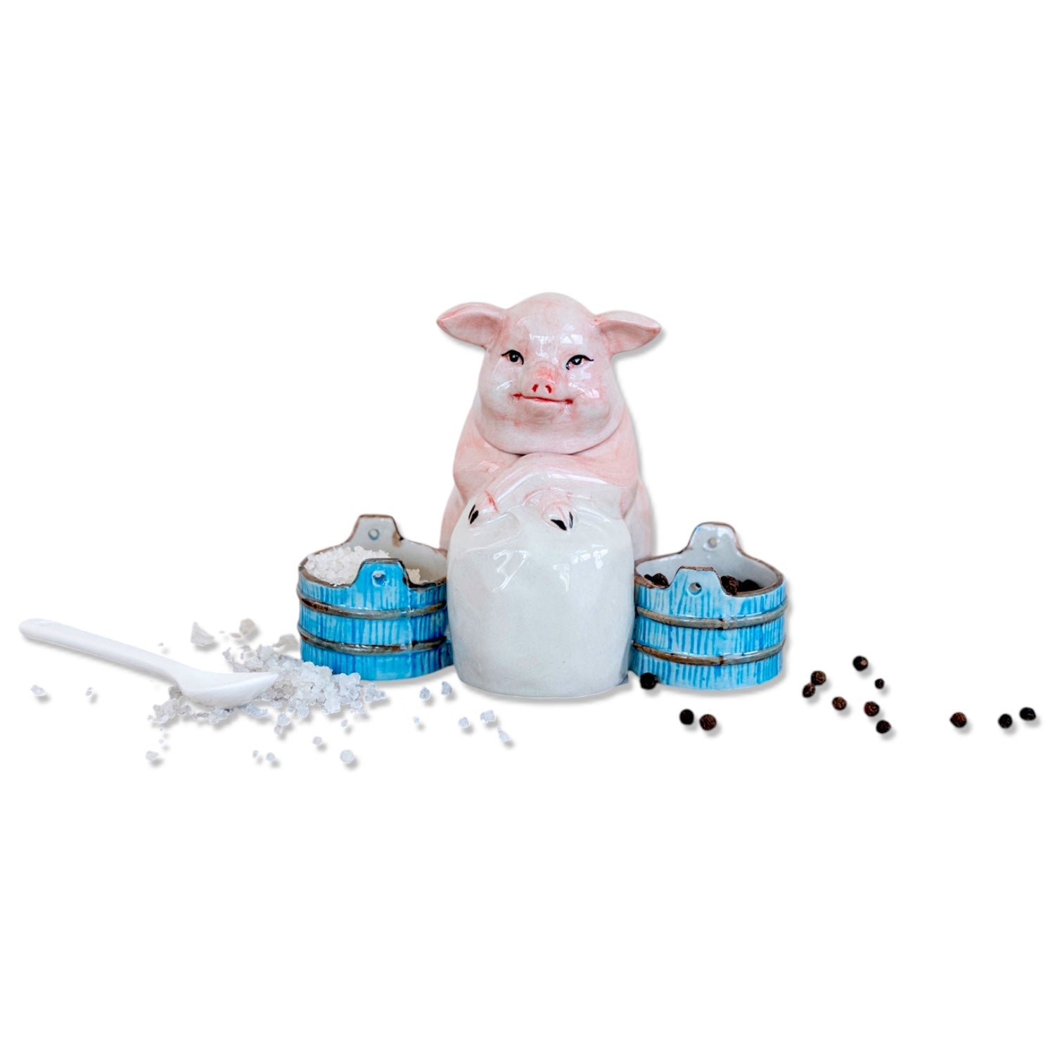 Vintage-Inspired Stoneware Pig Mustard Pot with 3 Sections & Spoon