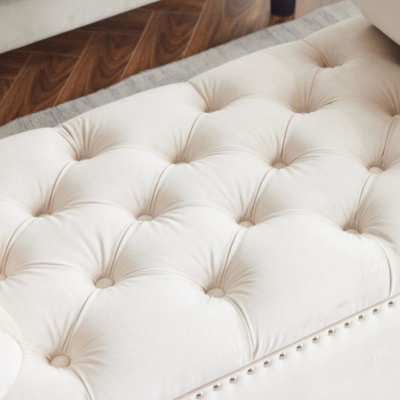 Storage Bench, 44.5-Inch Queen Velvet Button Bedside Bench, Entryway Living Room with Armrests, Nailhead Trim, Upholstered Bedroom Bench, Bedside Ottoman, Living Room, Entryway, Cream