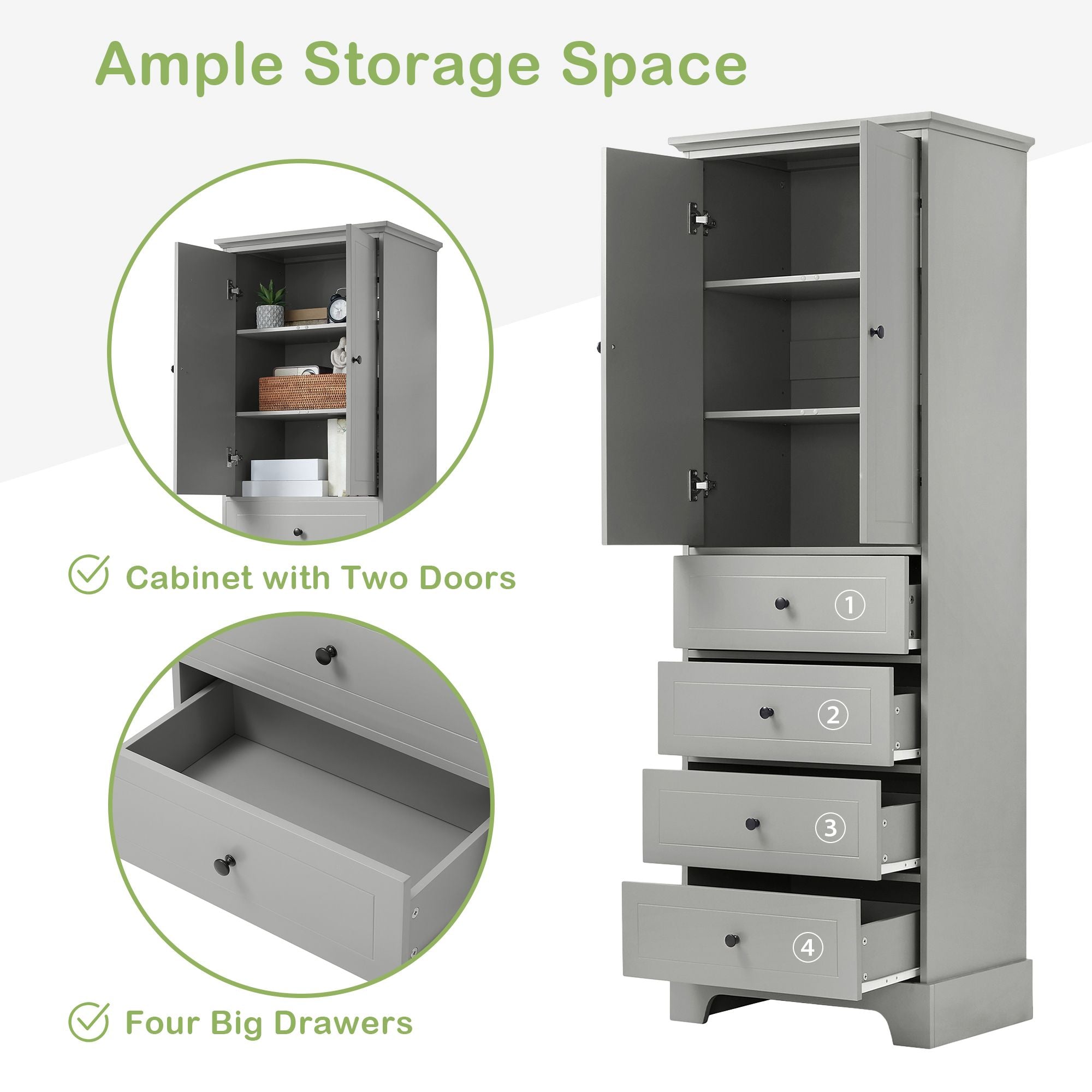 Storage Cabinet with 2 Doors and 4 Drawers for Bathroom, Office, Adjustable Shelf, MDF Board with Painted Finish