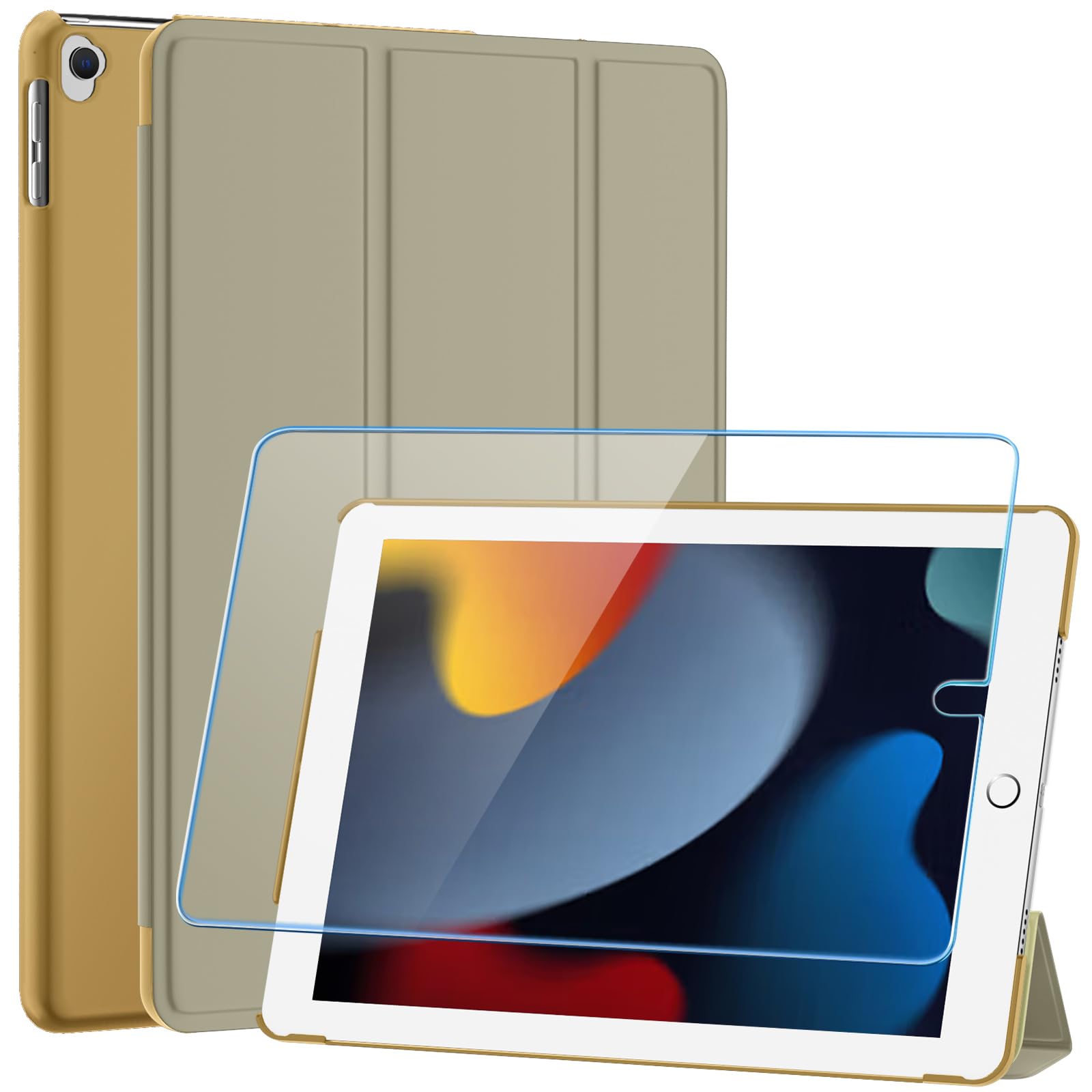 SUPFINE for 10.2 Inch iPad 9th Generation Case 2021, with [ Glass Screen Protector ]/ iPad 8th/7th Generation Case 2020/2019, Slim Stand Translucent Back Shell Cover, Black