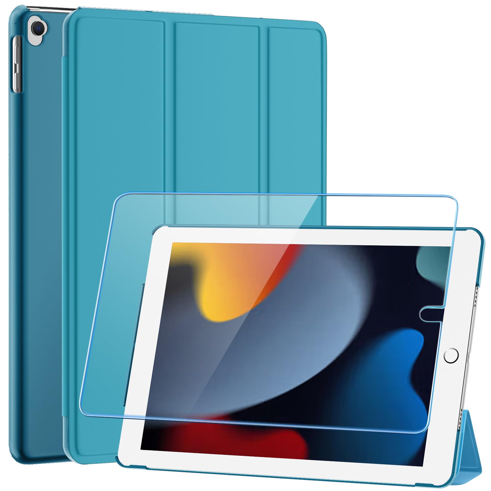 SUPFINE for 10.2 Inch iPad 9th Generation Case 2021, with [ Glass Screen Protector ]/ iPad 8th/7th Generation Case 2020/2019, Slim Stand Translucent Back Shell Cover, Black