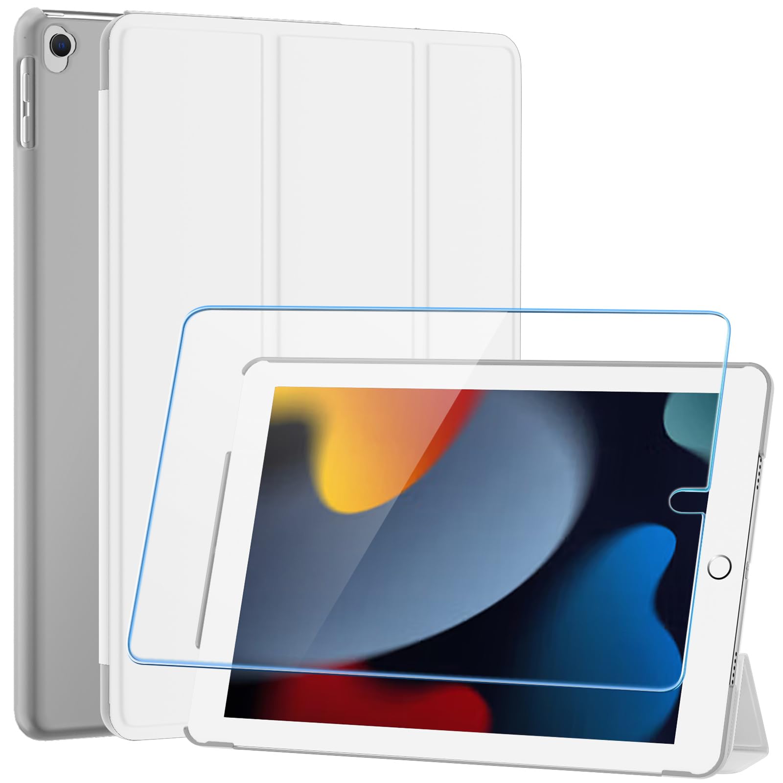 SUPFINE for 10.2 Inch iPad 9th Generation Case 2021, with [ Glass Screen Protector ]/ iPad 8th/7th Generation Case 2020/2019, Slim Stand Translucent Back Shell Cover, Black