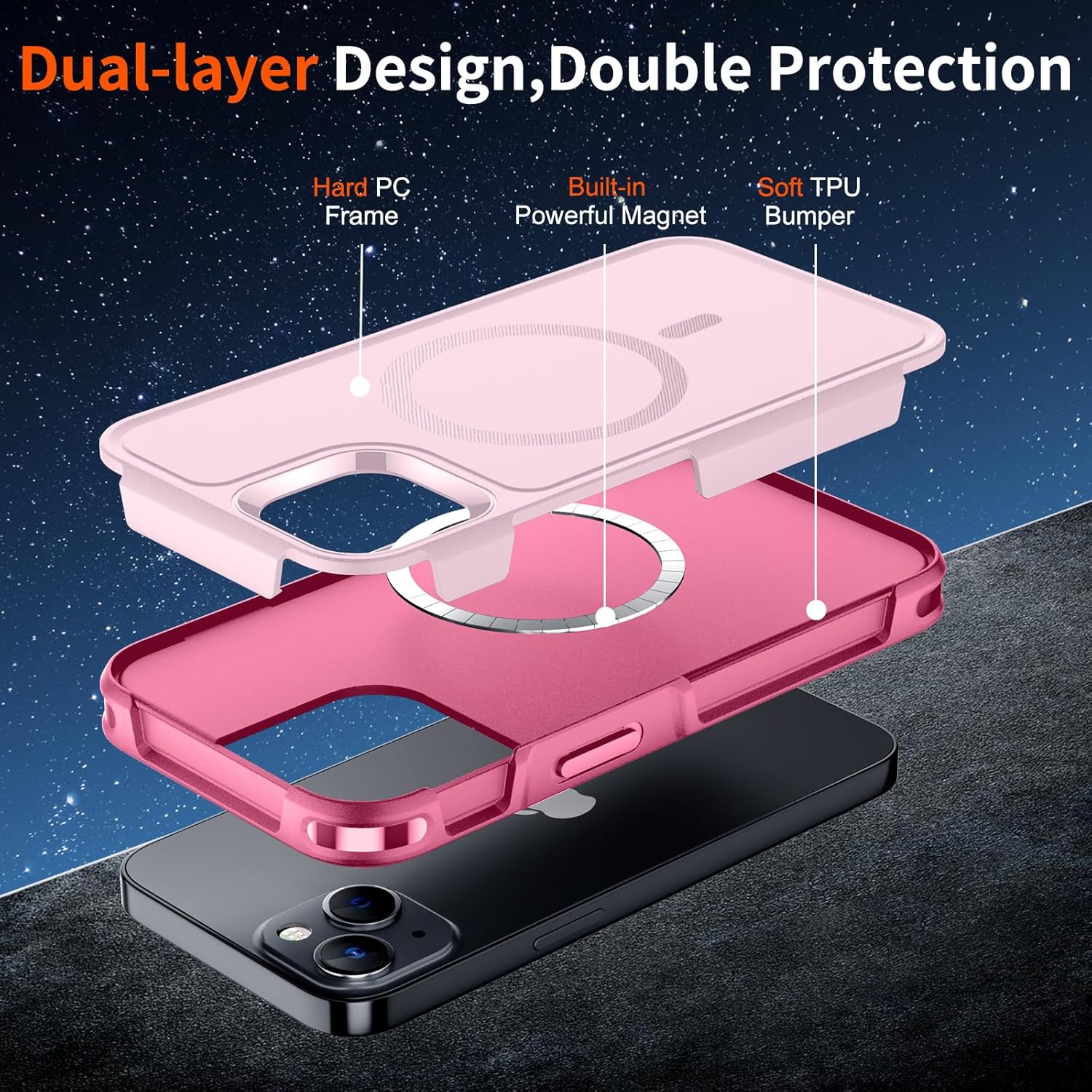 SUPFINE Magnetic for iPhone 13 Case, [Compatible with MagSafe][10 FT Military Grade Drop Protection] [Dual Layer Structure Protection] Non-Slip Heavy Duty Full-Body Shockproof Phone Case,Pink