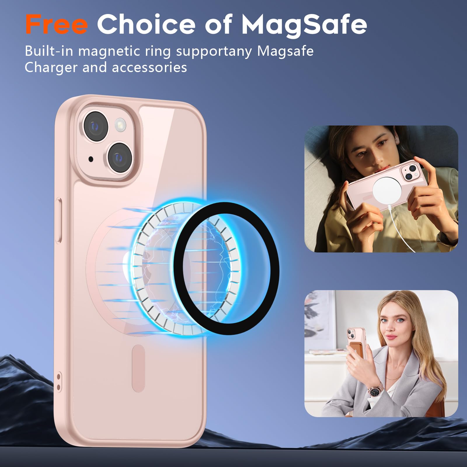 SUPFINE Magnetic for iPhone 13 case & iPhone 14 case, [Compatible with MagSafe][Clear Hard Back with Soft TPU Frame][12FT Military Grade Drop Protection] Shockproof Phone Case,Clear Pink