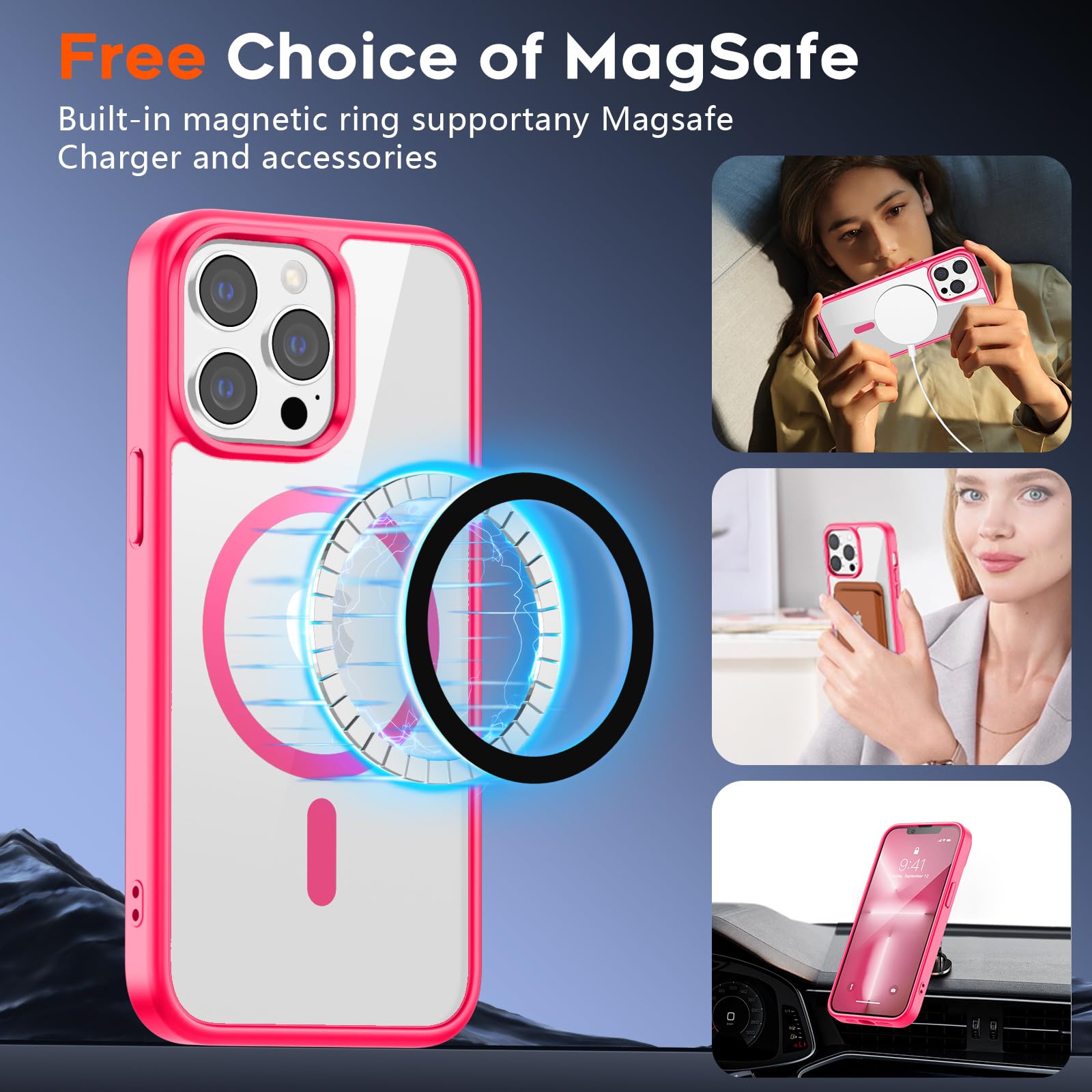 SUPFINE Magnetic for iPhone 13 case & iPhone 14 case, [Compatible with MagSafe][Clear Hard Back with Soft TPU Frame][12FT Military Grade Drop Protection] Shockproof Phone Case,Clear Pink