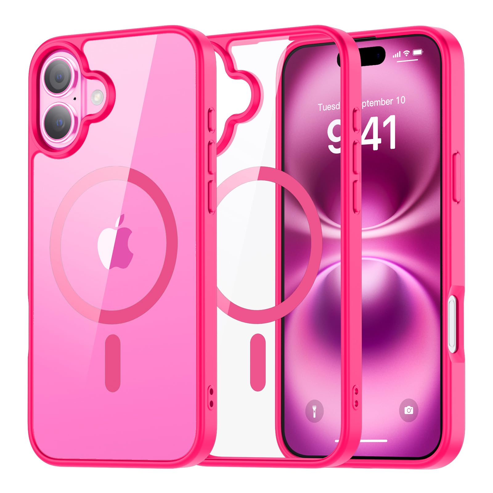 SUPFINE Magnetic for iPhone 13 case & iPhone 14 case, [Compatible with MagSafe][Clear Hard Back with Soft TPU Frame][12FT Military Grade Drop Protection] Shockproof Phone Case,Clear Pink