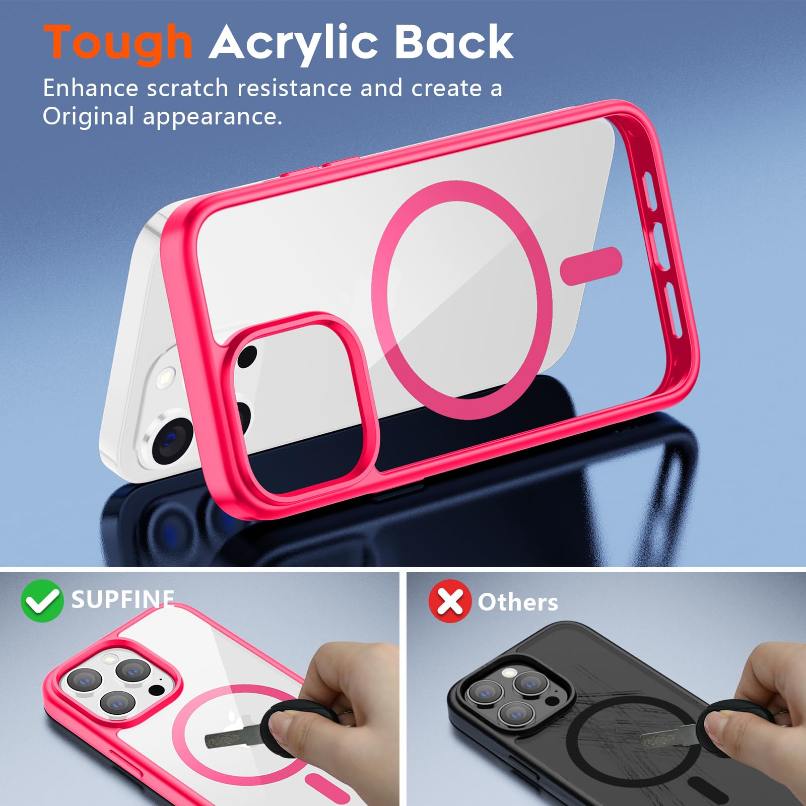 SUPFINE Magnetic for iPhone 13 case & iPhone 14 case, [Compatible with MagSafe][Clear Hard Back with Soft TPU Frame][12FT Military Grade Drop Protection] Shockproof Phone Case,Clear Pink