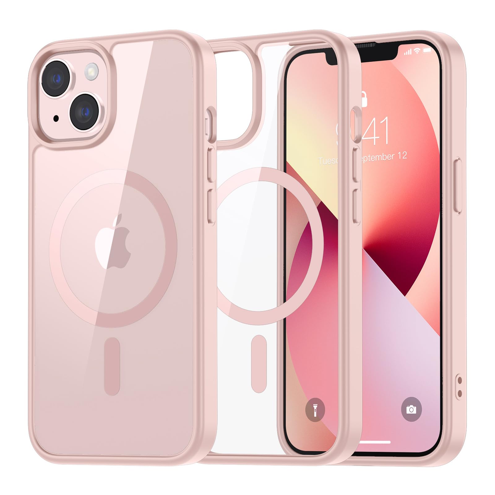SUPFINE Magnetic for iPhone 13 case & iPhone 14 case, [Compatible with MagSafe][Clear Hard Back with Soft TPU Frame][12FT Military Grade Drop Protection] Shockproof Phone Case,Clear Pink