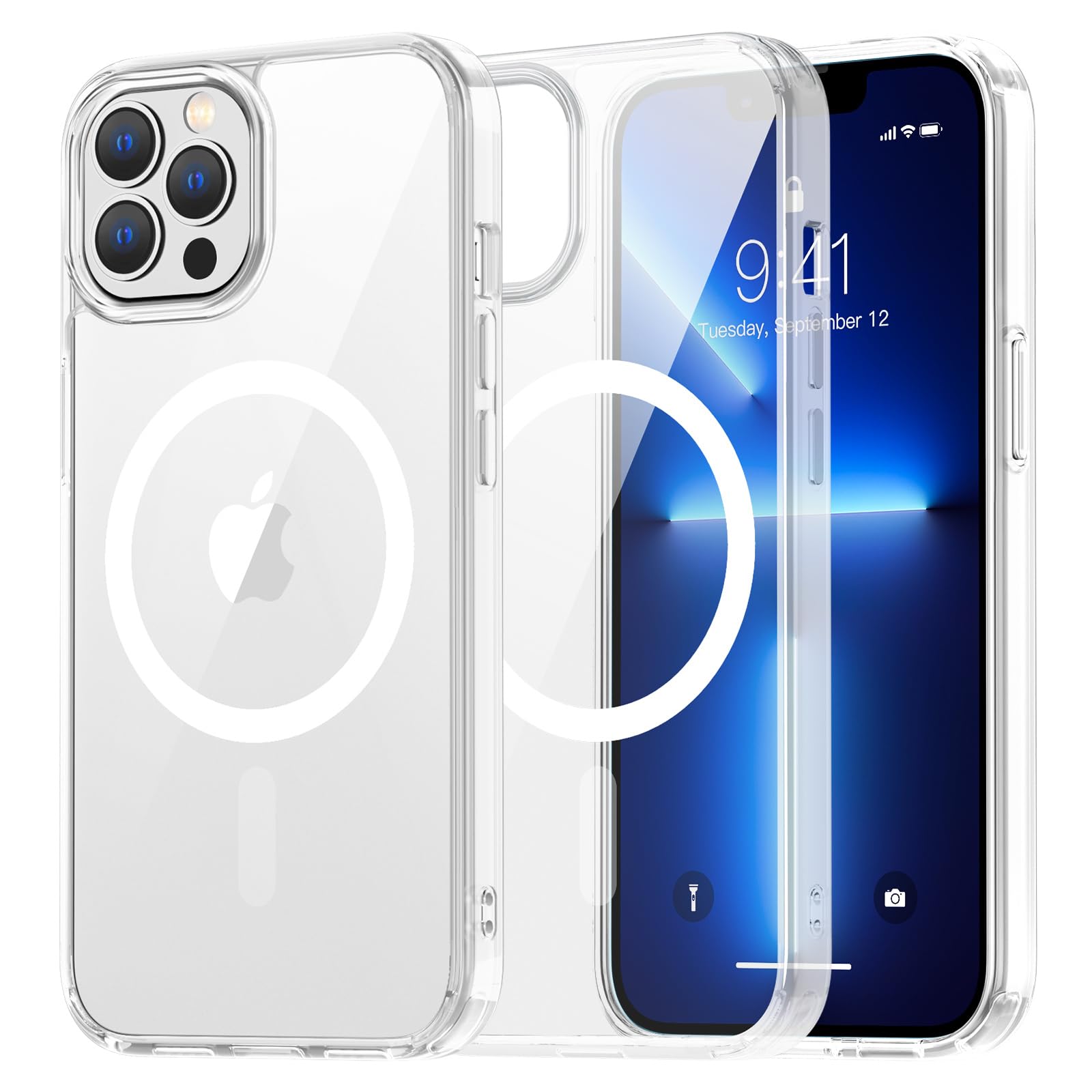 SUPFINE Magnetic for iPhone 13 case & iPhone 14 case, [Compatible with MagSafe][Clear Hard Back with Soft TPU Frame][12FT Military Grade Drop Protection] Shockproof Phone Case,Clear Pink