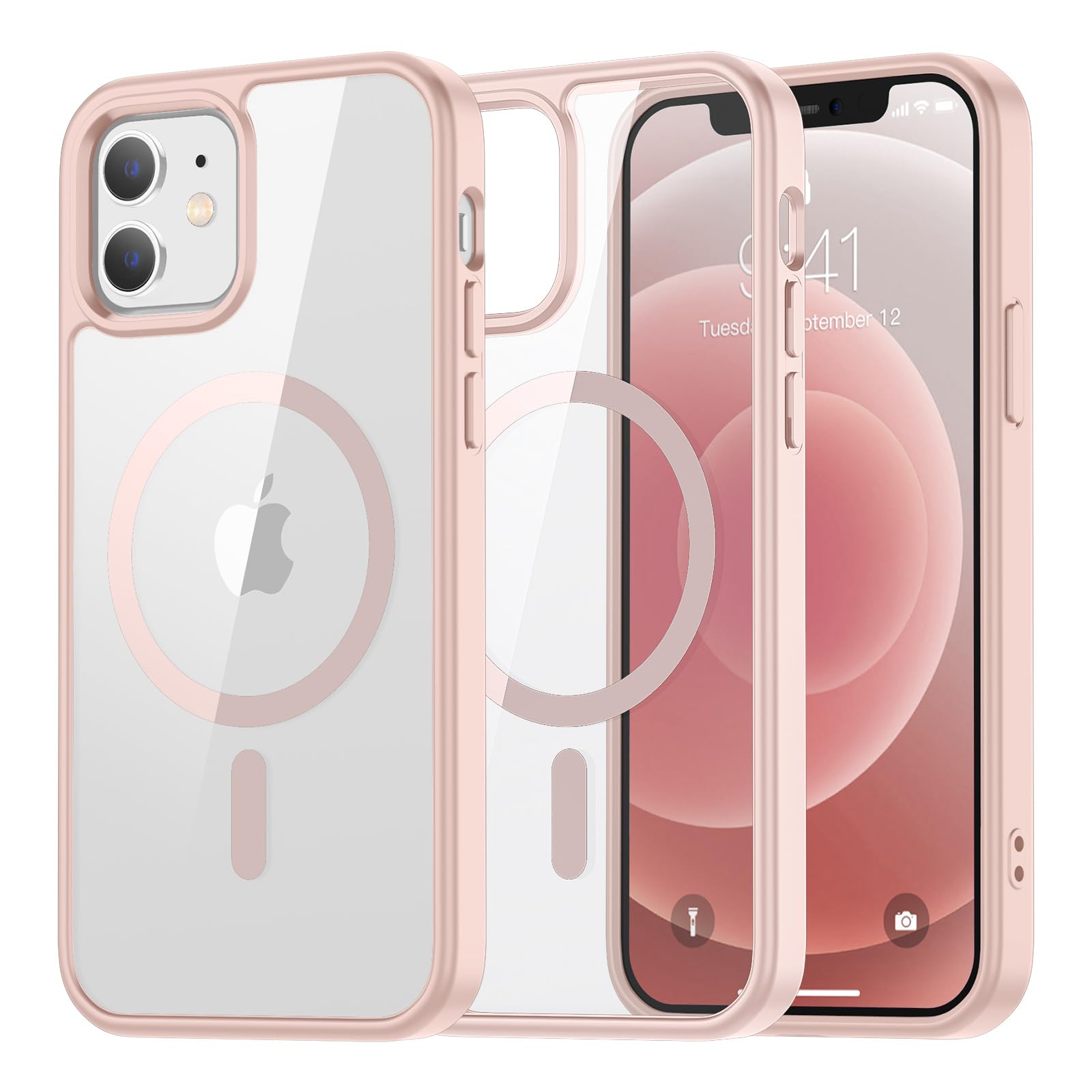 SUPFINE Magnetic for iPhone 13 case & iPhone 14 case, [Compatible with MagSafe][Clear Hard Back with Soft TPU Frame][12FT Military Grade Drop Protection] Shockproof Phone Case,Clear Pink