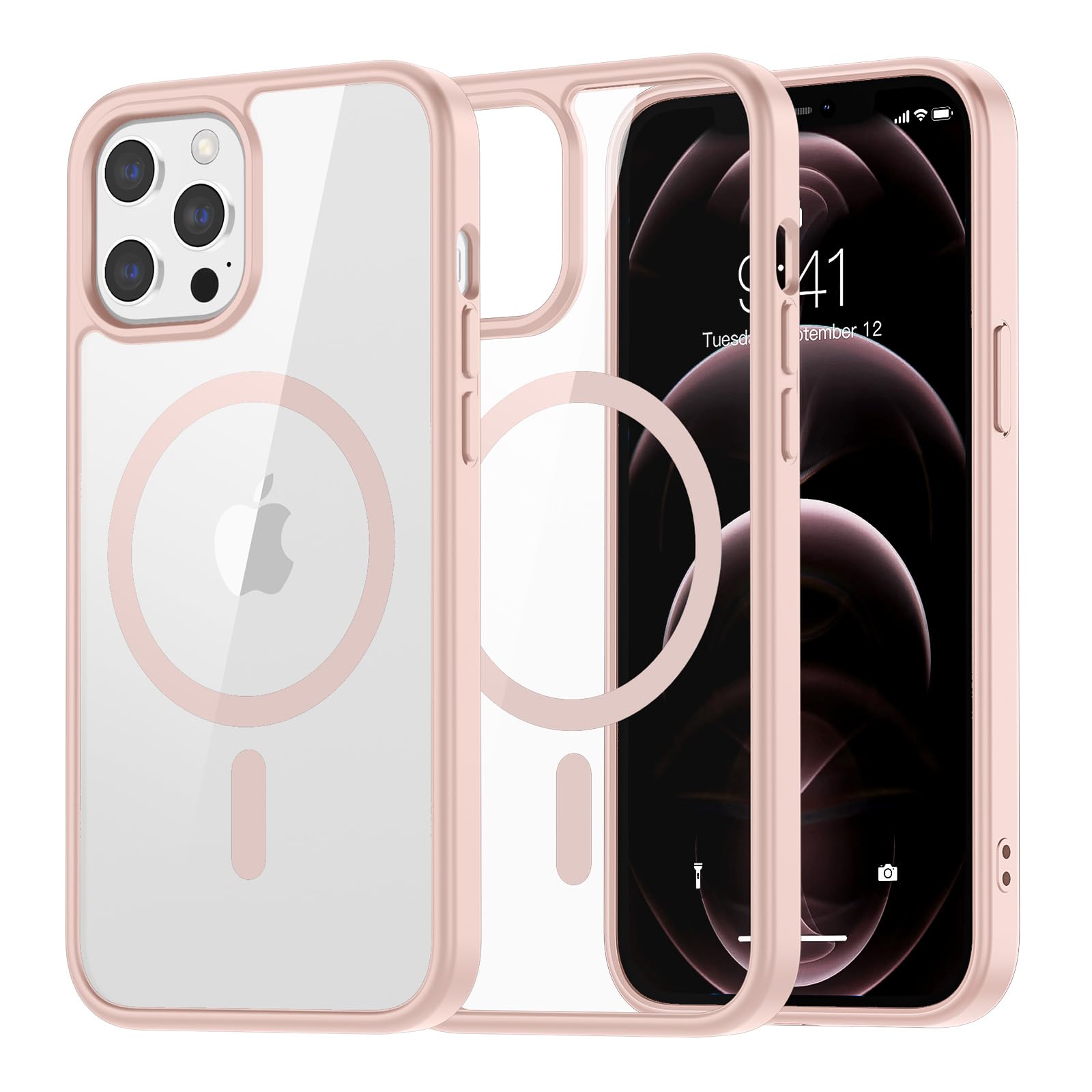 SUPFINE Magnetic for iPhone 13 case & iPhone 14 case, [Compatible with MagSafe][Clear Hard Back with Soft TPU Frame][12FT Military Grade Drop Protection] Shockproof Phone Case,Clear Pink