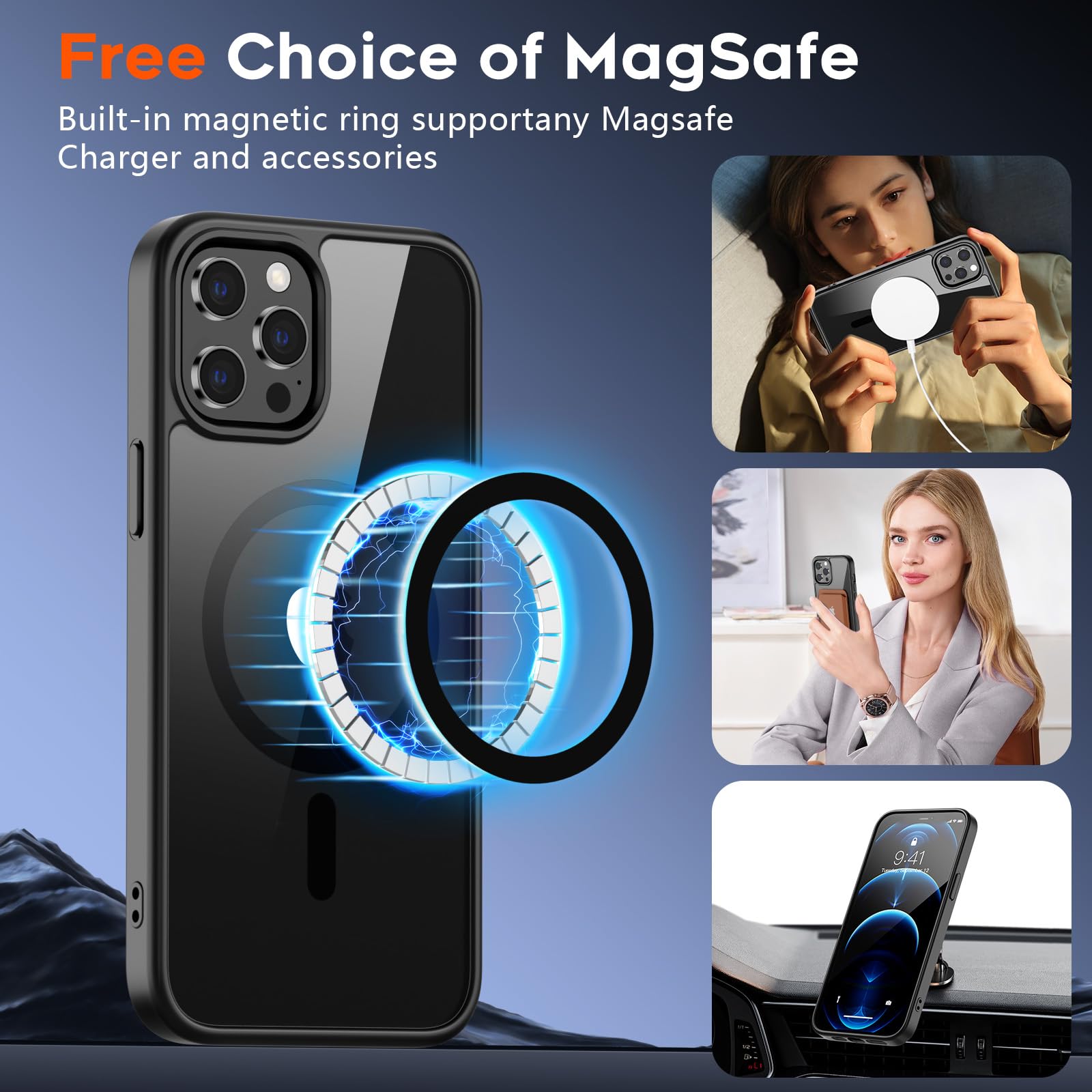 SUPFINE Magnetic for iPhone 13 case & iPhone 14 case, [Compatible with MagSafe][Clear Hard Back with Soft TPU Frame][12FT Military Grade Drop Protection] Shockproof Phone Case,Clear Pink