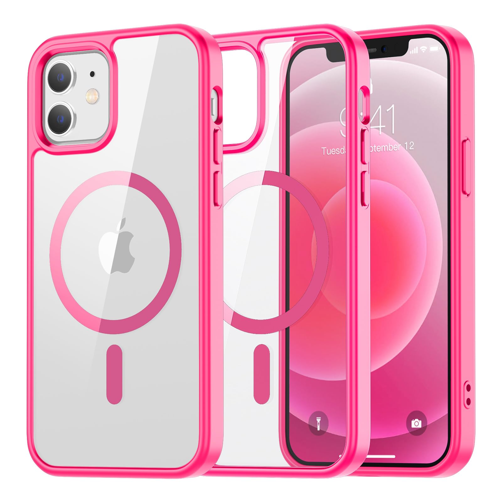 SUPFINE Magnetic for iPhone 13 case & iPhone 14 case, [Compatible with MagSafe][Clear Hard Back with Soft TPU Frame][12FT Military Grade Drop Protection] Shockproof Phone Case,Clear Pink