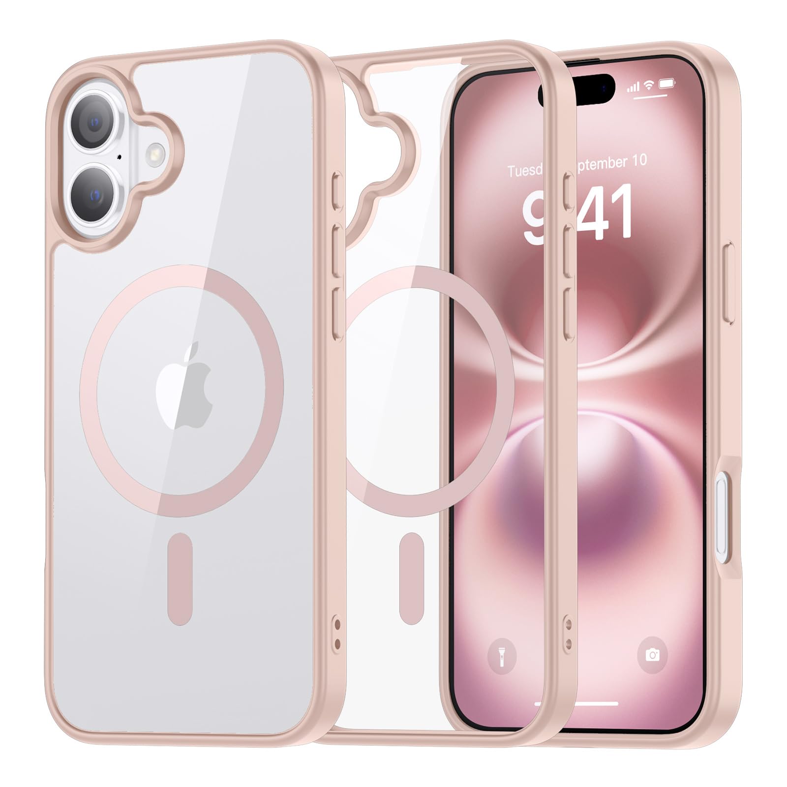 SUPFINE Magnetic for iPhone 13 case & iPhone 14 case, [Compatible with MagSafe][Clear Hard Back with Soft TPU Frame][12FT Military Grade Drop Protection] Shockproof Phone Case,Clear Pink