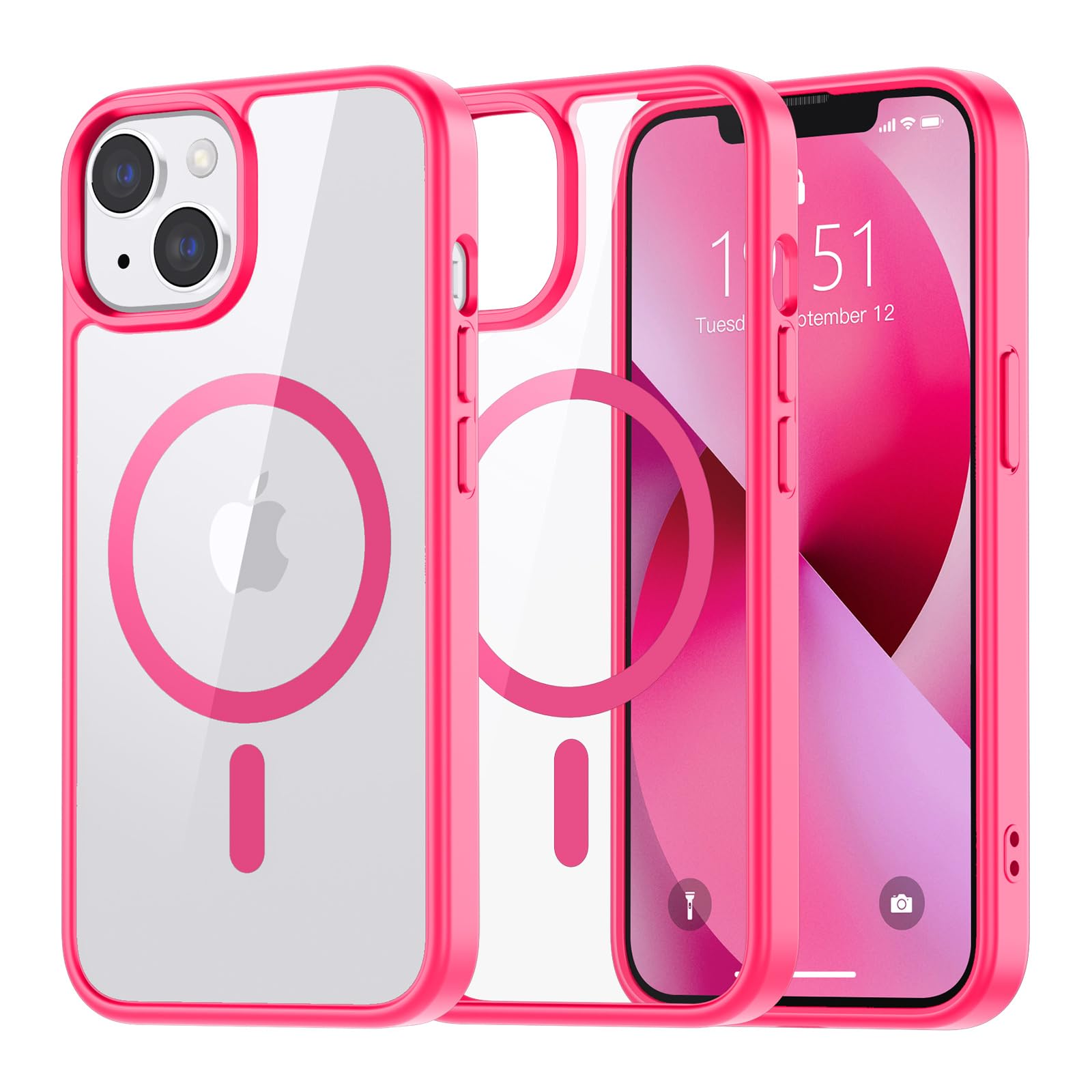 SUPFINE Magnetic for iPhone 13 case & iPhone 14 case, [Compatible with MagSafe][Clear Hard Back with Soft TPU Frame][12FT Military Grade Drop Protection] Shockproof Phone Case,Clear Pink