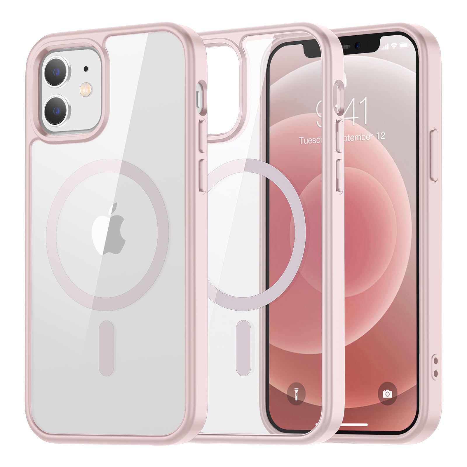 SUPFINE Magnetic for iPhone 13 case & iPhone 14 case, [Compatible with MagSafe][Clear Hard Back with Soft TPU Frame][12FT Military Grade Drop Protection] Shockproof Phone Case,Clear Pink