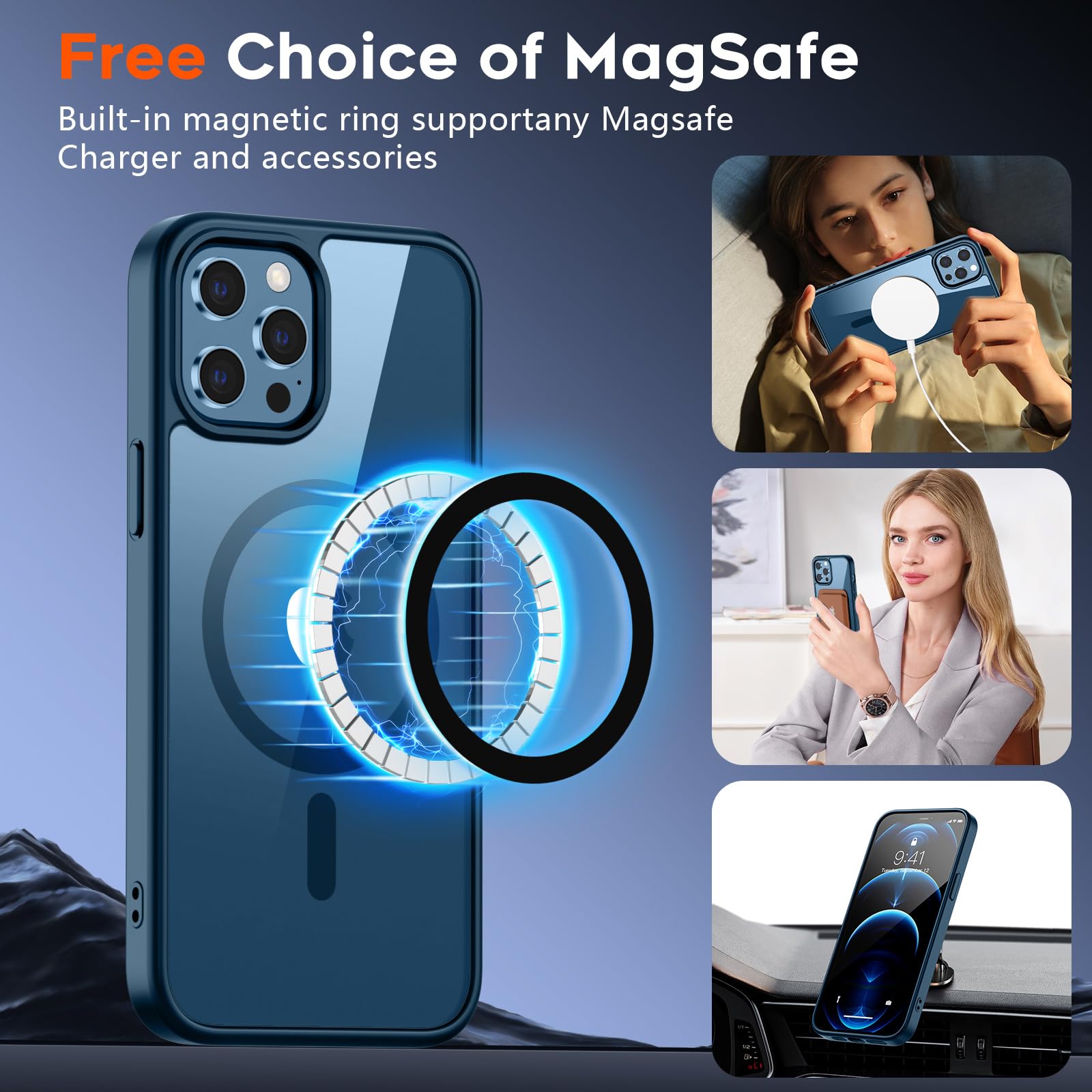 SUPFINE Magnetic for iPhone 13 case & iPhone 14 case, [Compatible with MagSafe][Clear Hard Back with Soft TPU Frame][12FT Military Grade Drop Protection] Shockproof Phone Case,Clear Pink