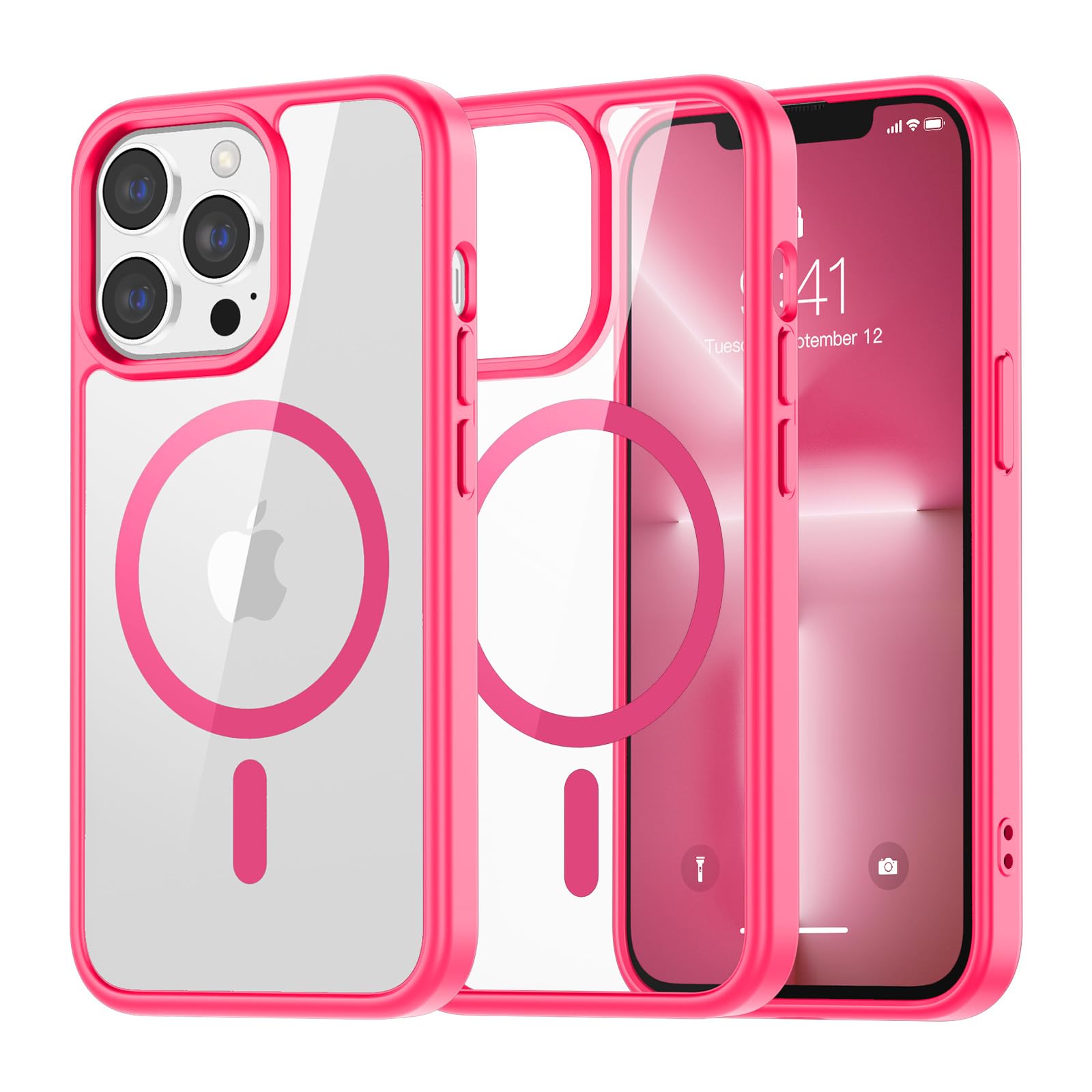 SUPFINE Magnetic for iPhone 13 case & iPhone 14 case, [Compatible with MagSafe][Clear Hard Back with Soft TPU Frame][12FT Military Grade Drop Protection] Shockproof Phone Case,Clear Pink