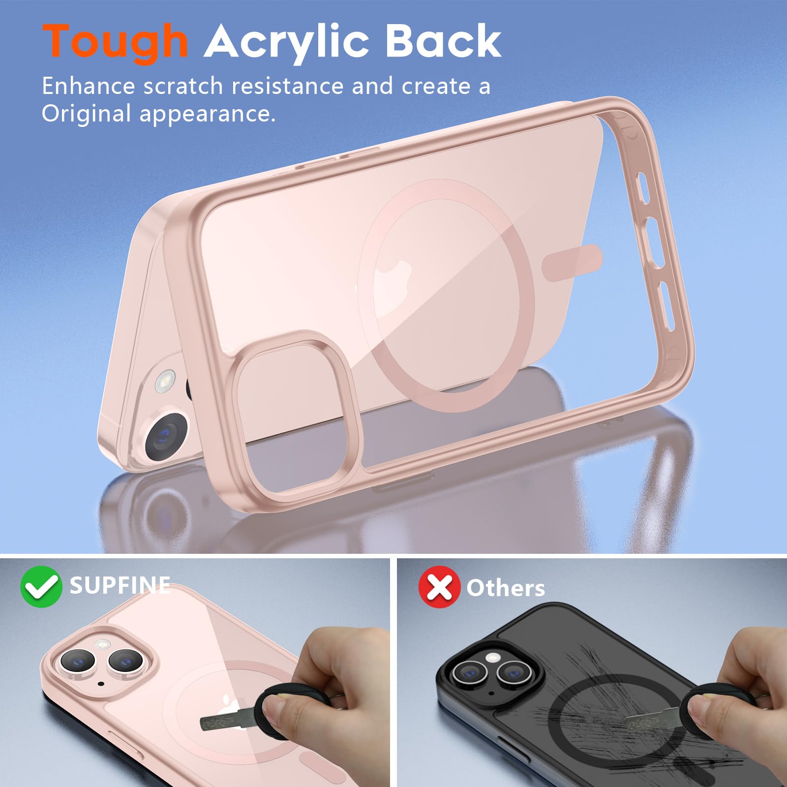 SUPFINE Magnetic for iPhone 13 case & iPhone 14 case, [Compatible with MagSafe][Clear Hard Back with Soft TPU Frame][12FT Military Grade Drop Protection] Shockproof Phone Case,Clear Pink