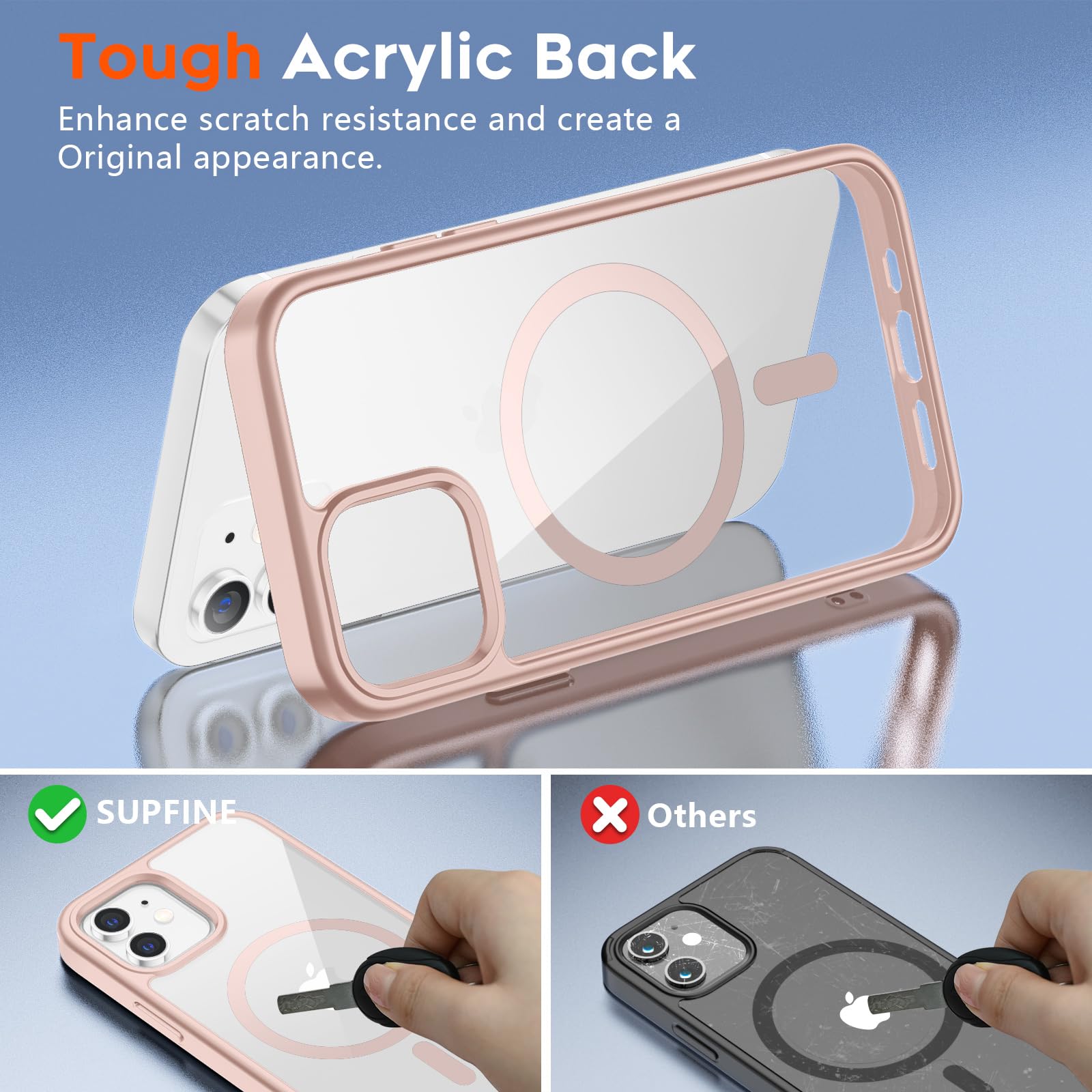 SUPFINE Magnetic for iPhone 13 case & iPhone 14 case, [Compatible with MagSafe][Clear Hard Back with Soft TPU Frame][12FT Military Grade Drop Protection] Shockproof Phone Case,Clear Pink