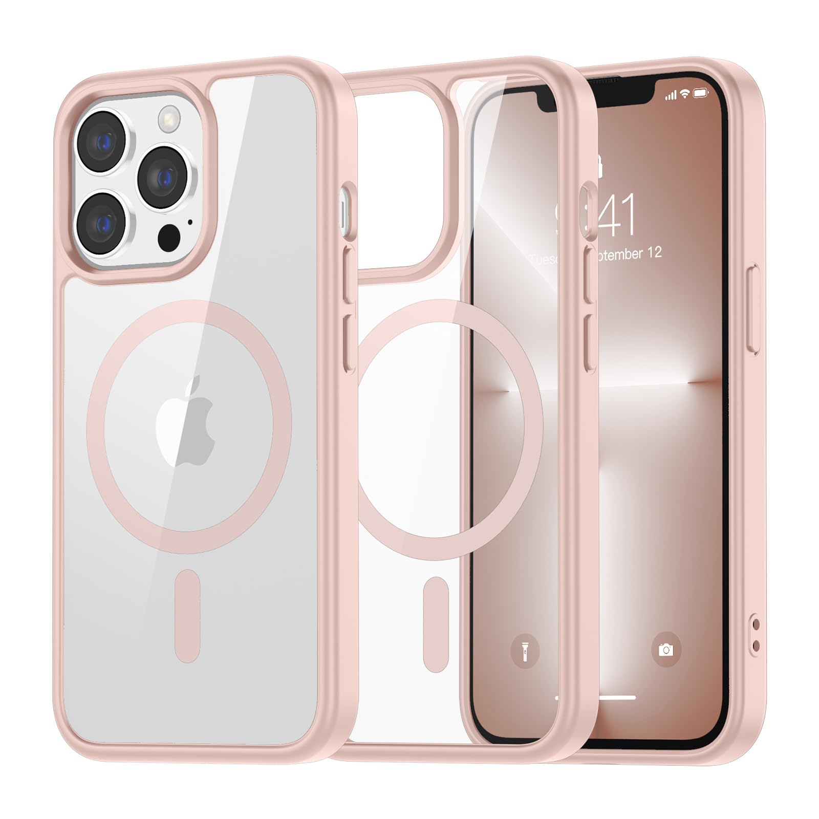 SUPFINE Magnetic for iPhone 13 case & iPhone 14 case, [Compatible with MagSafe][Clear Hard Back with Soft TPU Frame][12FT Military Grade Drop Protection] Shockproof Phone Case,Clear Pink