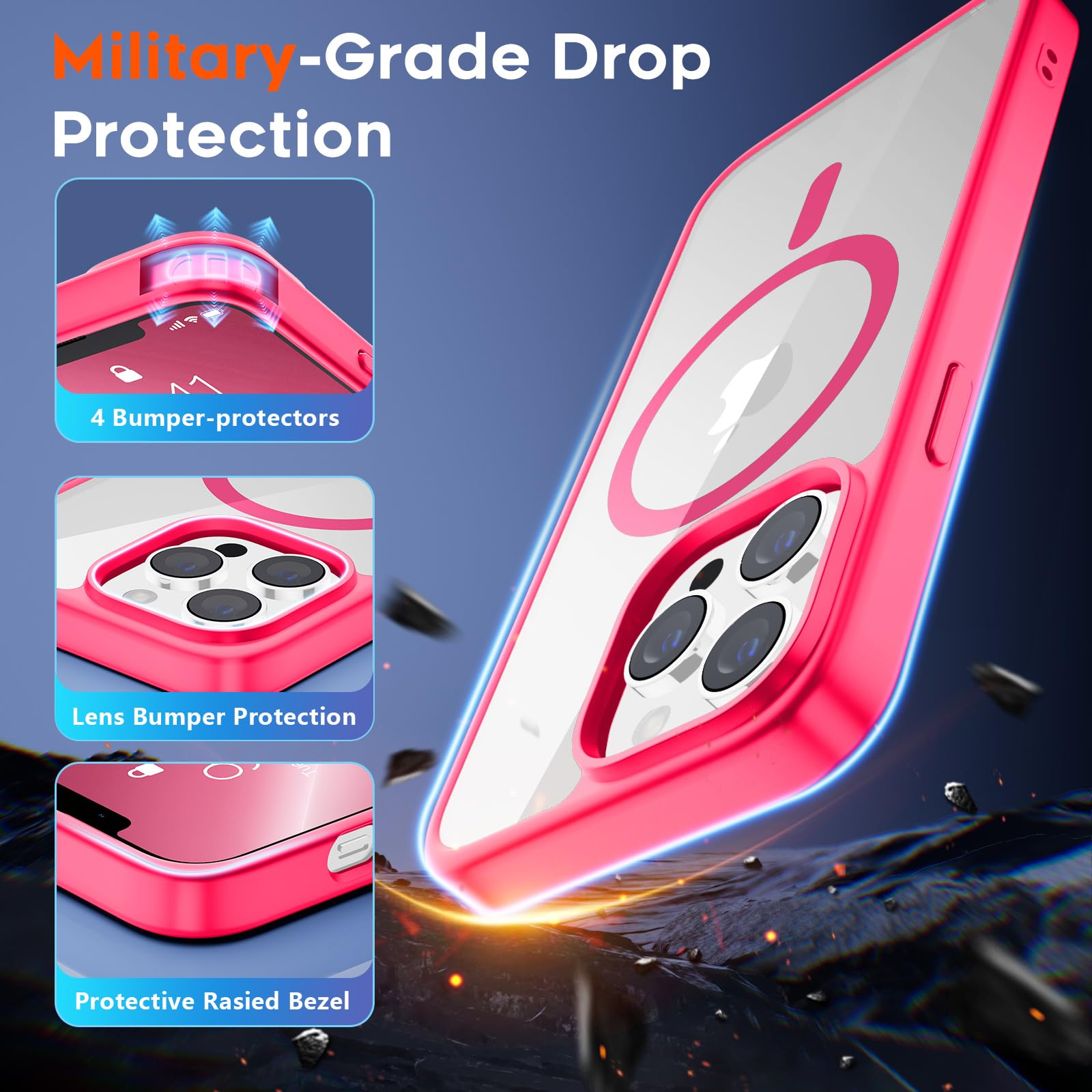 SUPFINE Magnetic for iPhone 13 case & iPhone 14 case, [Compatible with MagSafe][Clear Hard Back with Soft TPU Frame][12FT Military Grade Drop Protection] Shockproof Phone Case,Clear Pink