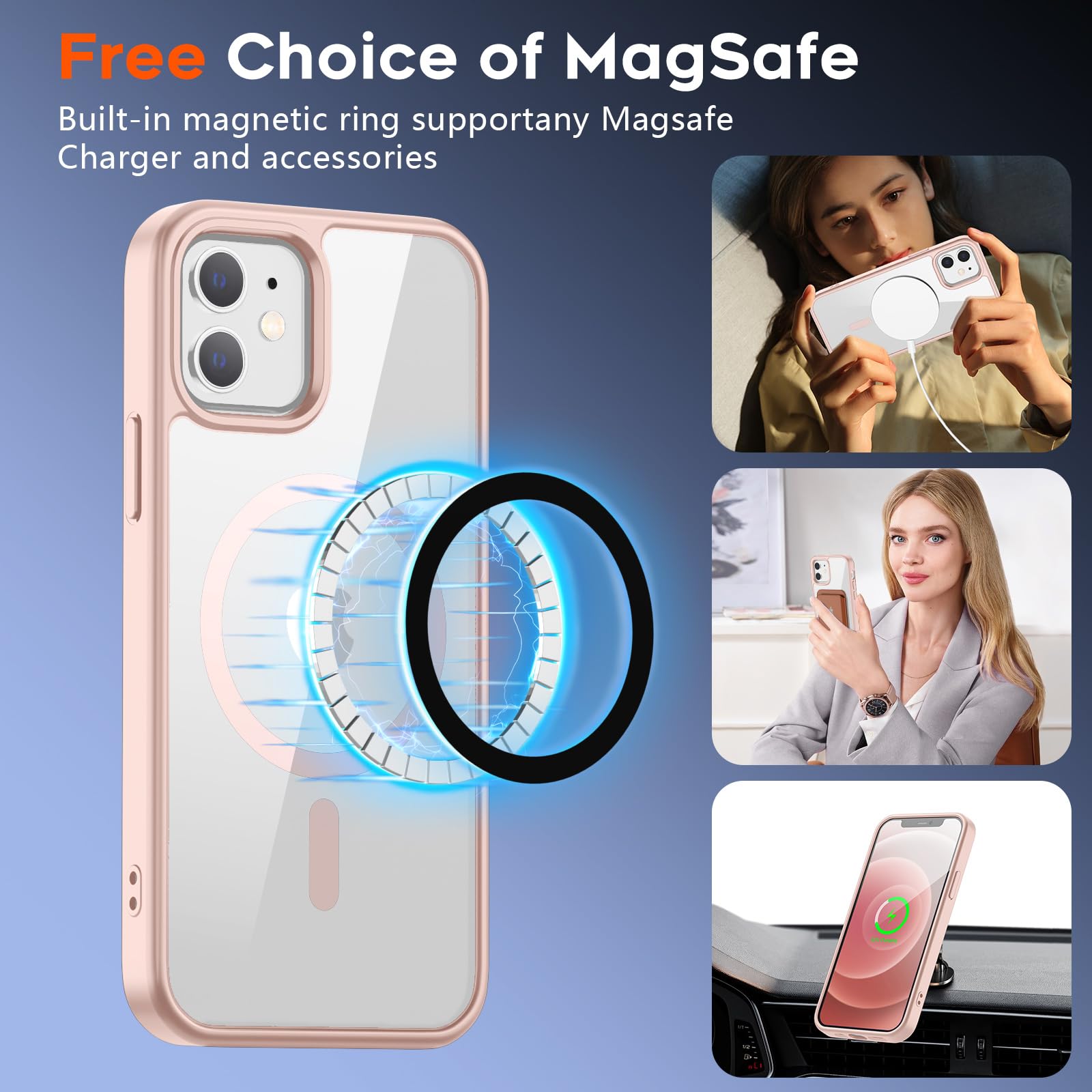 SUPFINE Magnetic for iPhone 13 case & iPhone 14 case, [Compatible with MagSafe][Clear Hard Back with Soft TPU Frame][12FT Military Grade Drop Protection] Shockproof Phone Case,Clear Pink