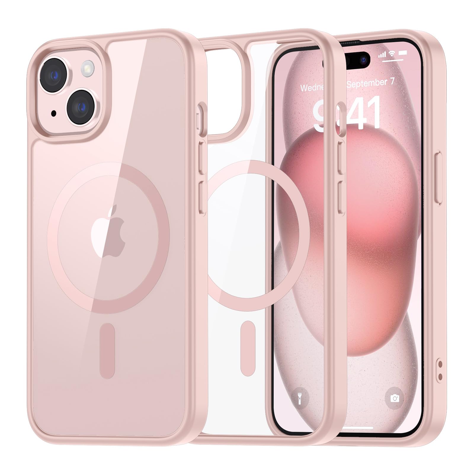 SUPFINE Magnetic for iPhone 13 case & iPhone 14 case, [Compatible with MagSafe][Clear Hard Back with Soft TPU Frame][12FT Military Grade Drop Protection] Shockproof Phone Case,Clear Pink