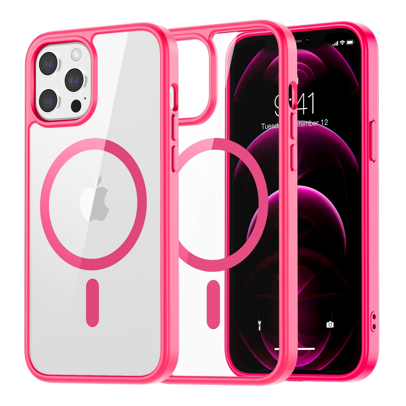 SUPFINE Magnetic for iPhone 13 case & iPhone 14 case, [Compatible with MagSafe][Clear Hard Back with Soft TPU Frame][12FT Military Grade Drop Protection] Shockproof Phone Case,Clear Pink