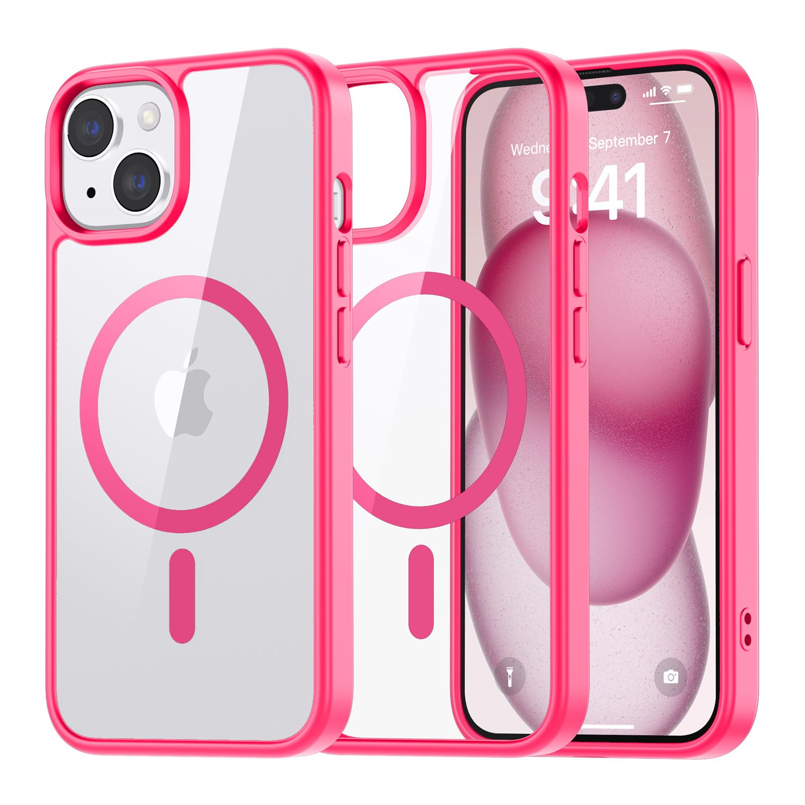 SUPFINE Magnetic for iPhone 13 case & iPhone 14 case, [Compatible with MagSafe][Clear Hard Back with Soft TPU Frame][12FT Military Grade Drop Protection] Shockproof Phone Case,Clear Pink