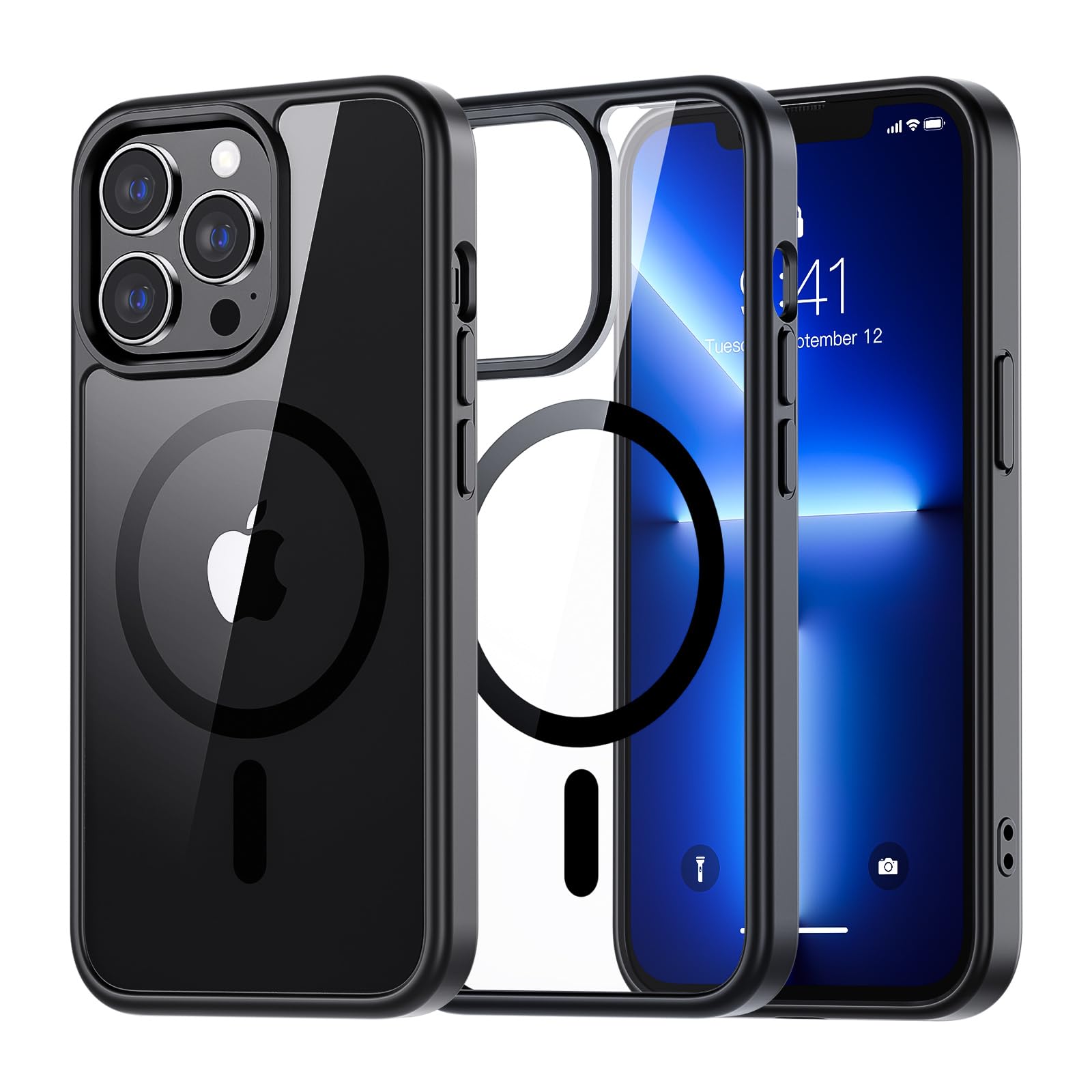 SUPFINE Magnetic for iPhone 13 case & iPhone 14 case, [Compatible with MagSafe][Clear Hard Back with Soft TPU Frame][12FT Military Grade Drop Protection] Shockproof Phone Case,Clear Pink