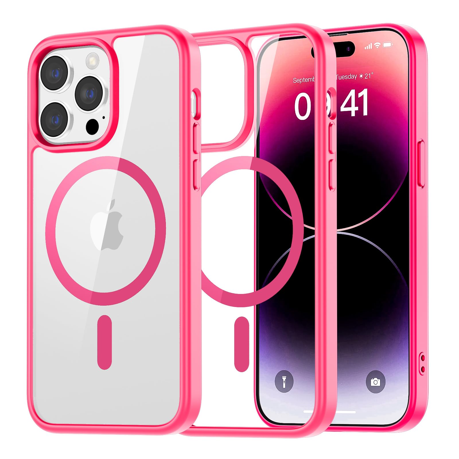 SUPFINE Magnetic for iPhone 13 case & iPhone 14 case, [Compatible with MagSafe][Clear Hard Back with Soft TPU Frame][12FT Military Grade Drop Protection] Shockproof Phone Case,Clear Pink